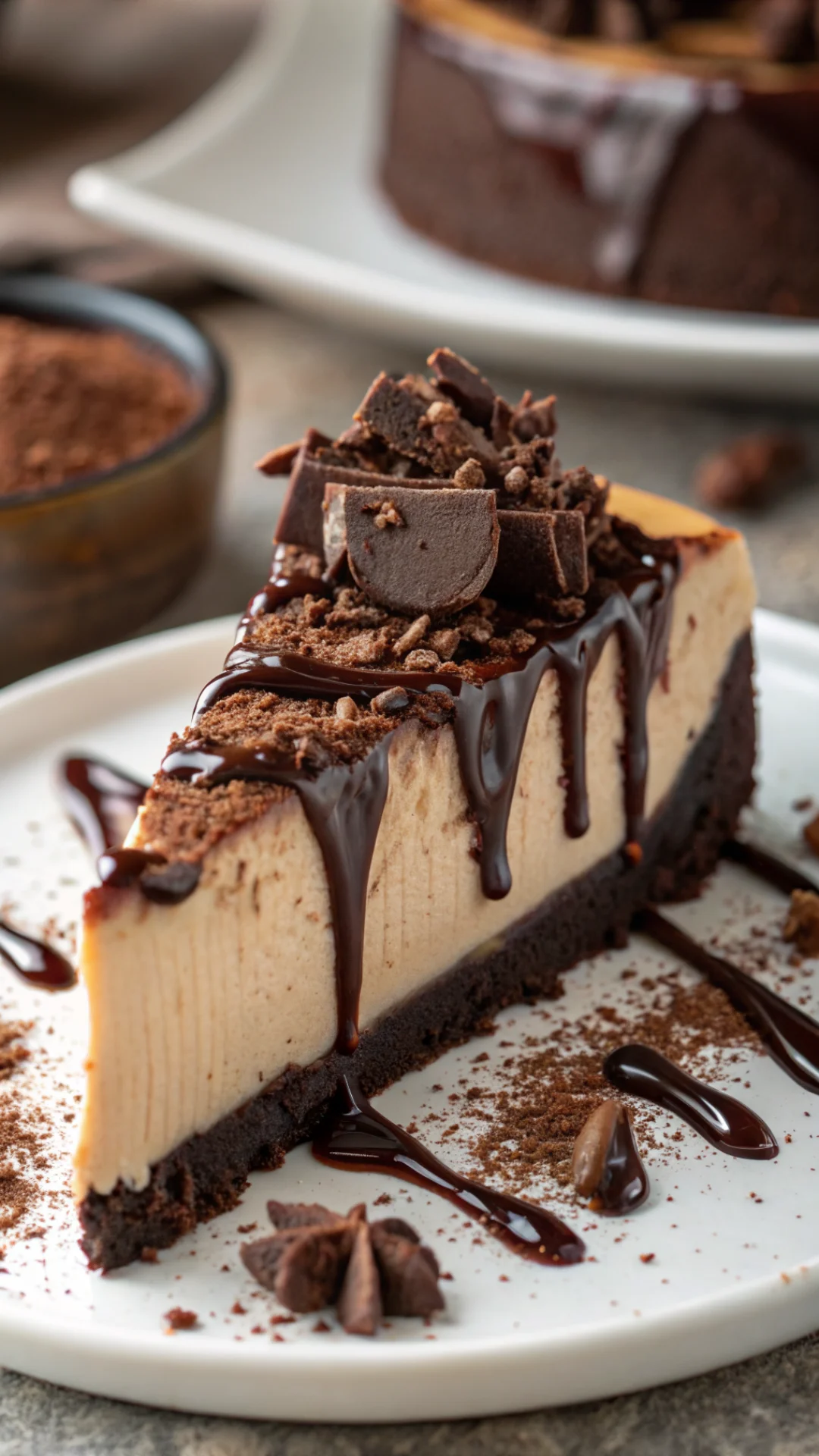 Close-up macro photography of a slice of creamy chocolate cheesecake, melting textures, rich dark chocolate, dripping sauce,