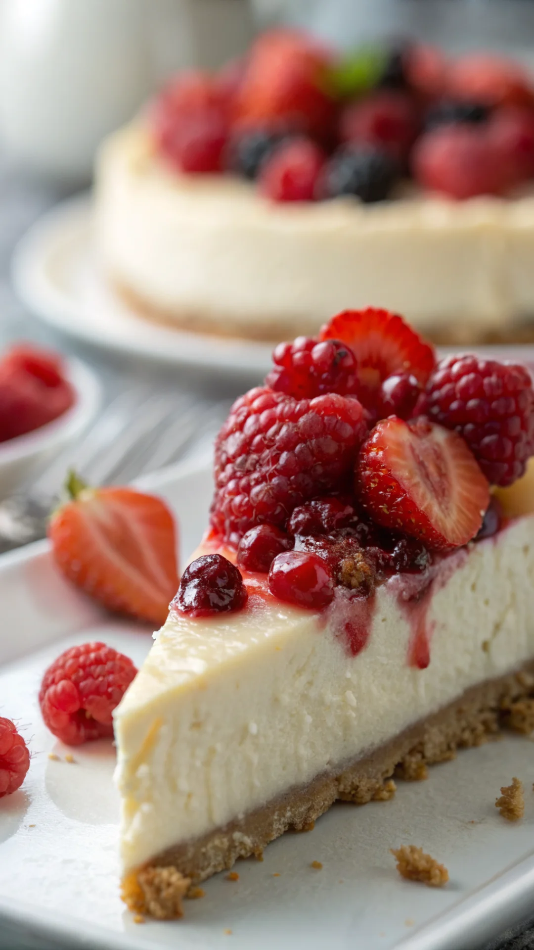 Close-up macro photography of creamy cheesecake slice with vibrant fresh red berries, smooth texture detail, food styling, go