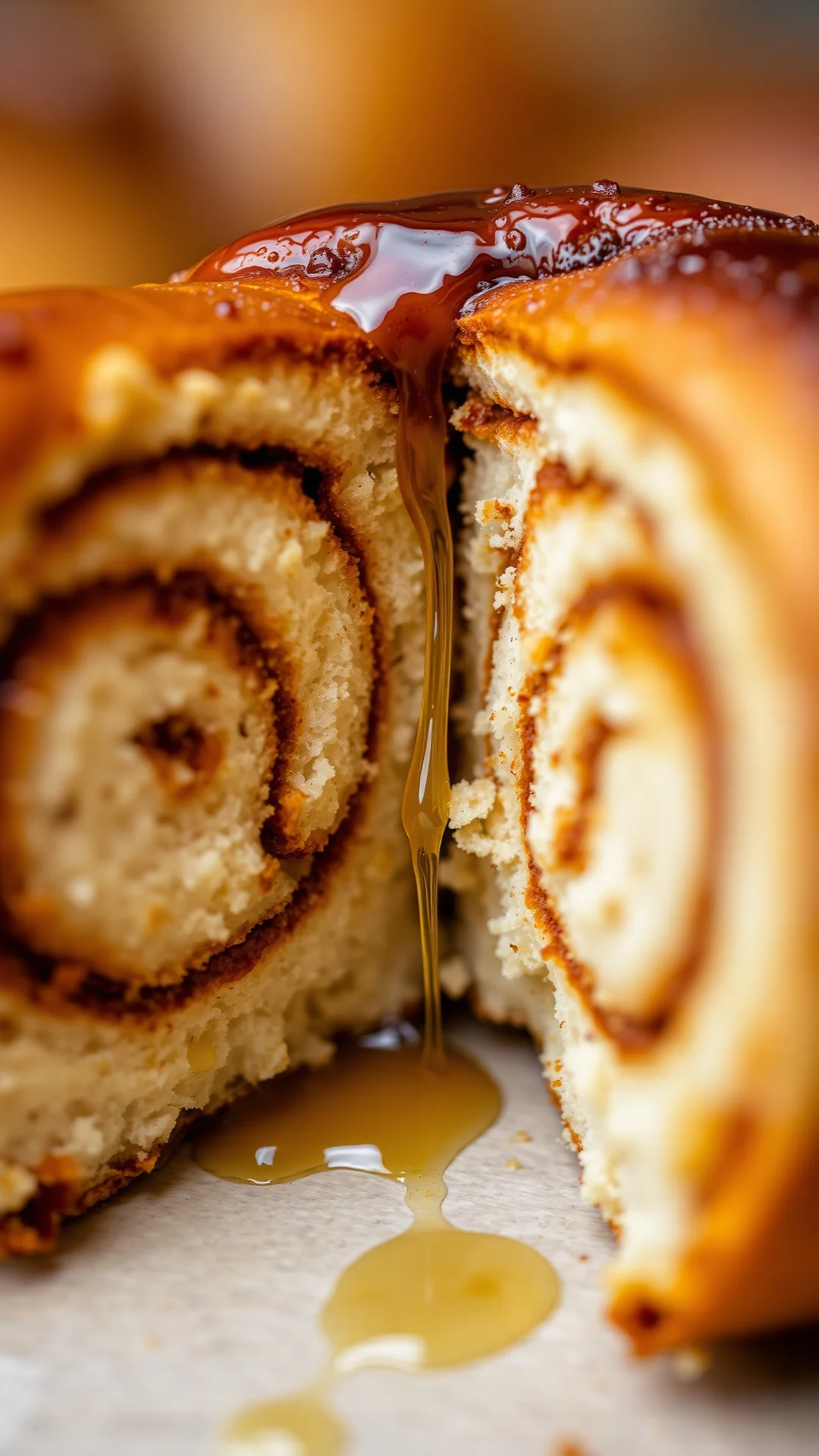 Close-up macro photography of freshly baked cinnamon roll cut in half, showing spiral layers with cinnamon sugar filling, gol