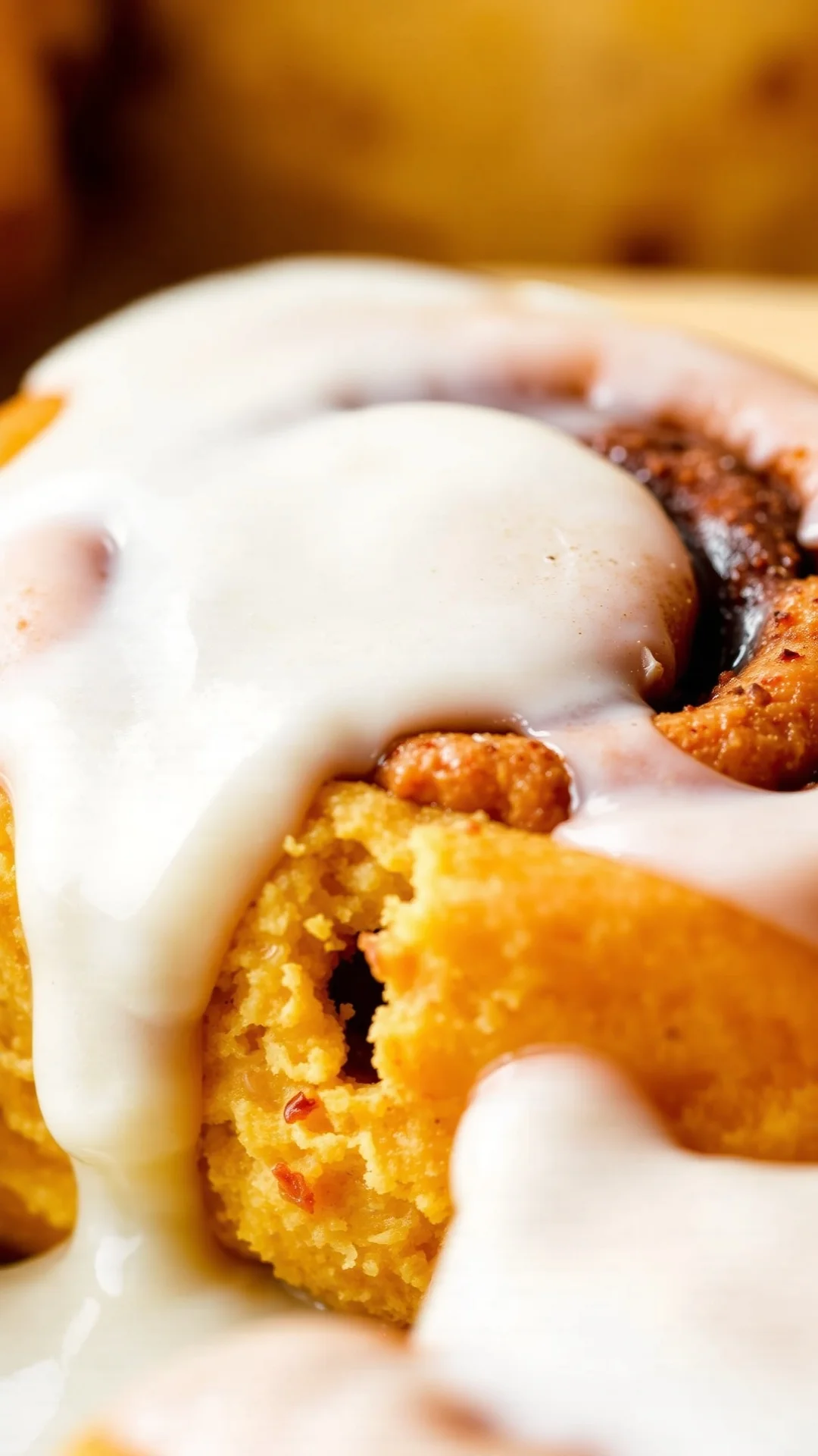 Close-up macro photography of freshly baked gluten-free cinnamon roll with creamy white frosting dripping, swirled dough, war