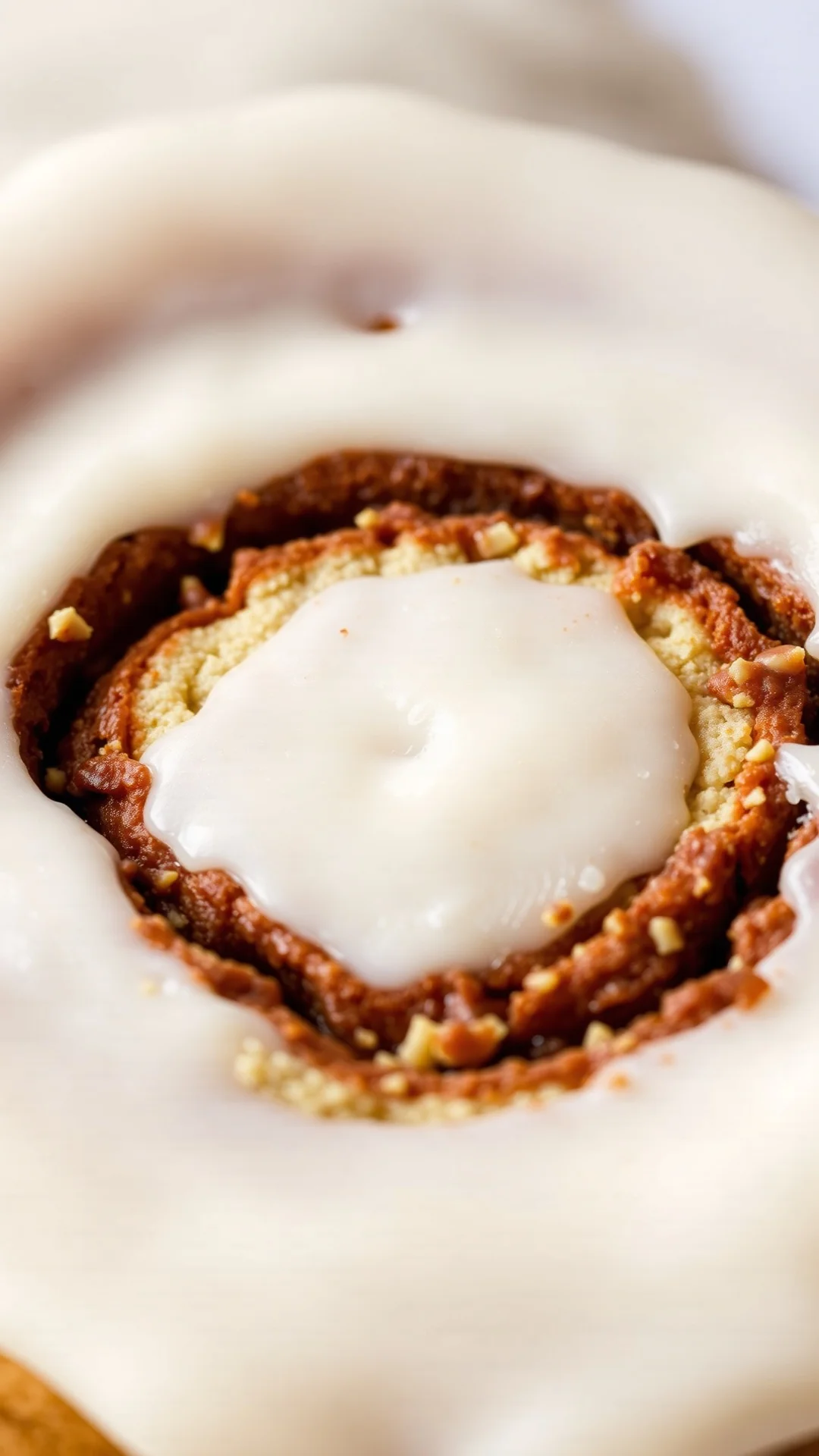 Close-up macro shot of a freshly baked cinnamon roll cross-section with spiral layers, topped with creamy white frosting, war