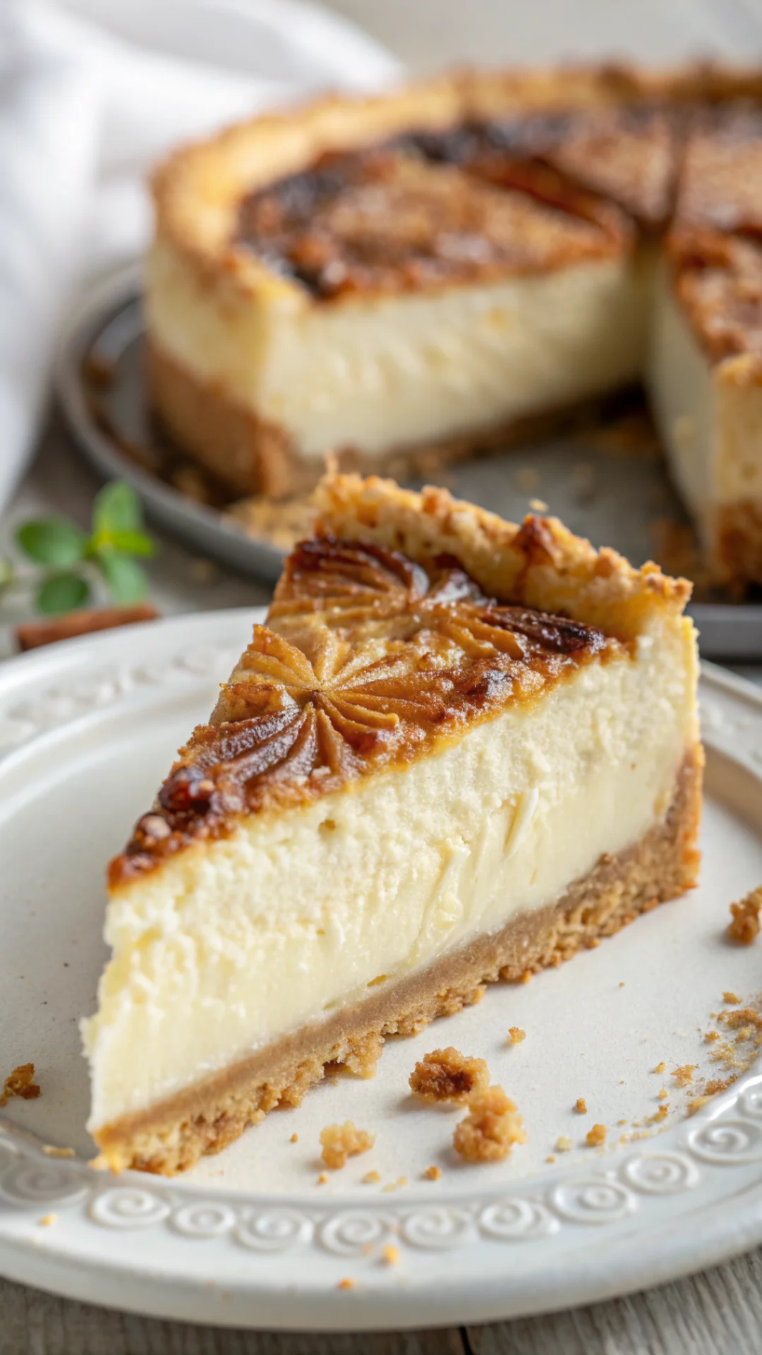 Close-up macro shot of creamy cheesecake slice cross-section, showing layers texture detail, rich filling, golden crust, gour