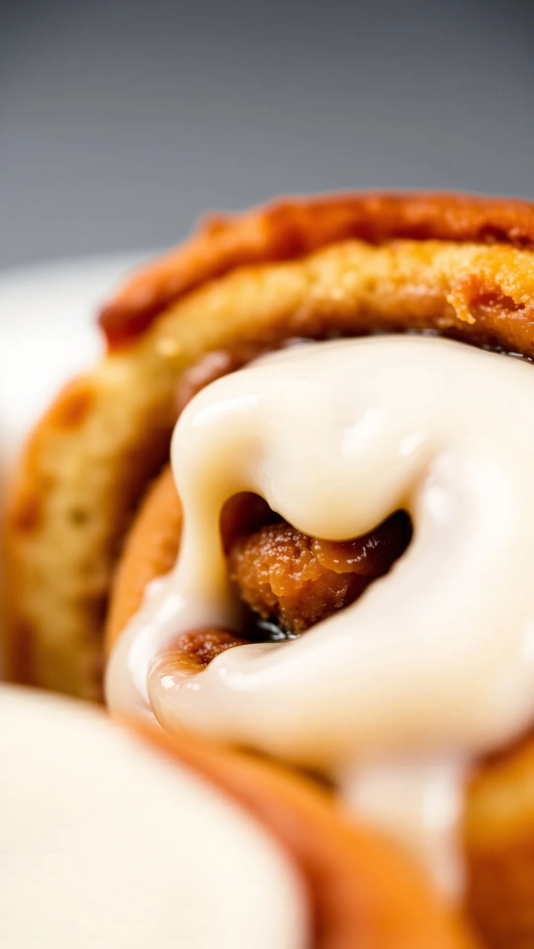 Close-up macro shot of freshly baked cinnamon roll with melting cream cheese frosting, swirled cinnamon sugar filling visible
