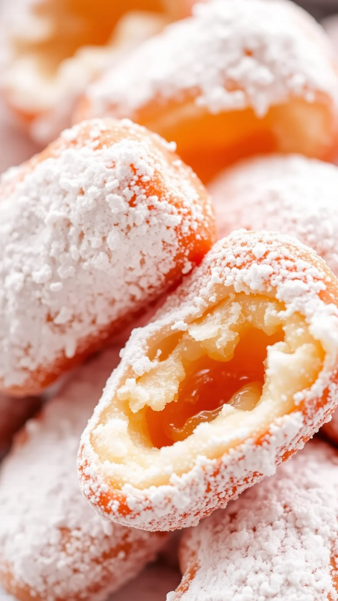 Close-up macro view of fluffy vanilla beignets with powdered sugar coating, warm interior visible, soft golden color