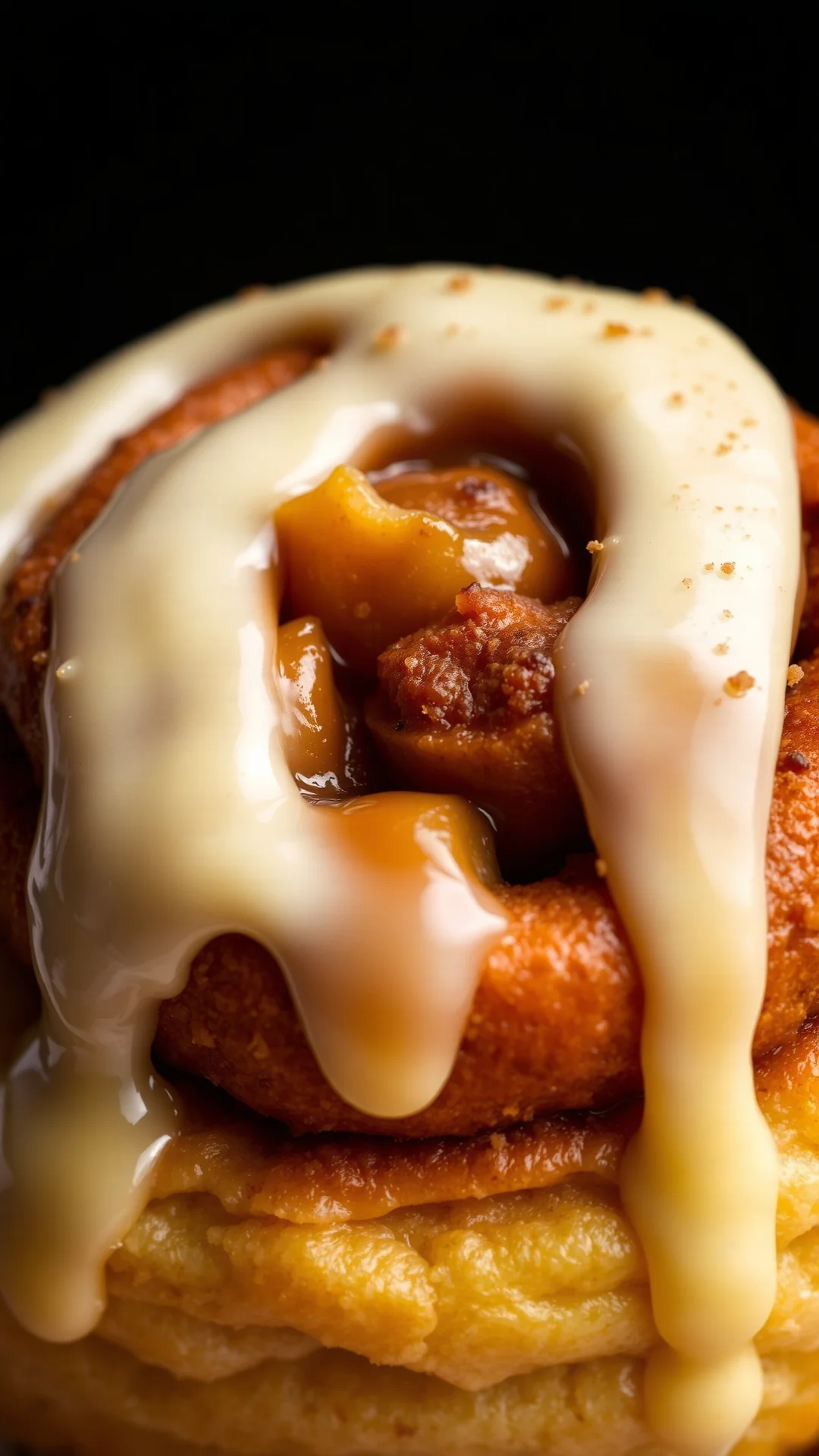 Close-up of a freshly baked cinnamon roll with melted cream cheese frosting, caramelized apple pieces visible, cinnamon sugar