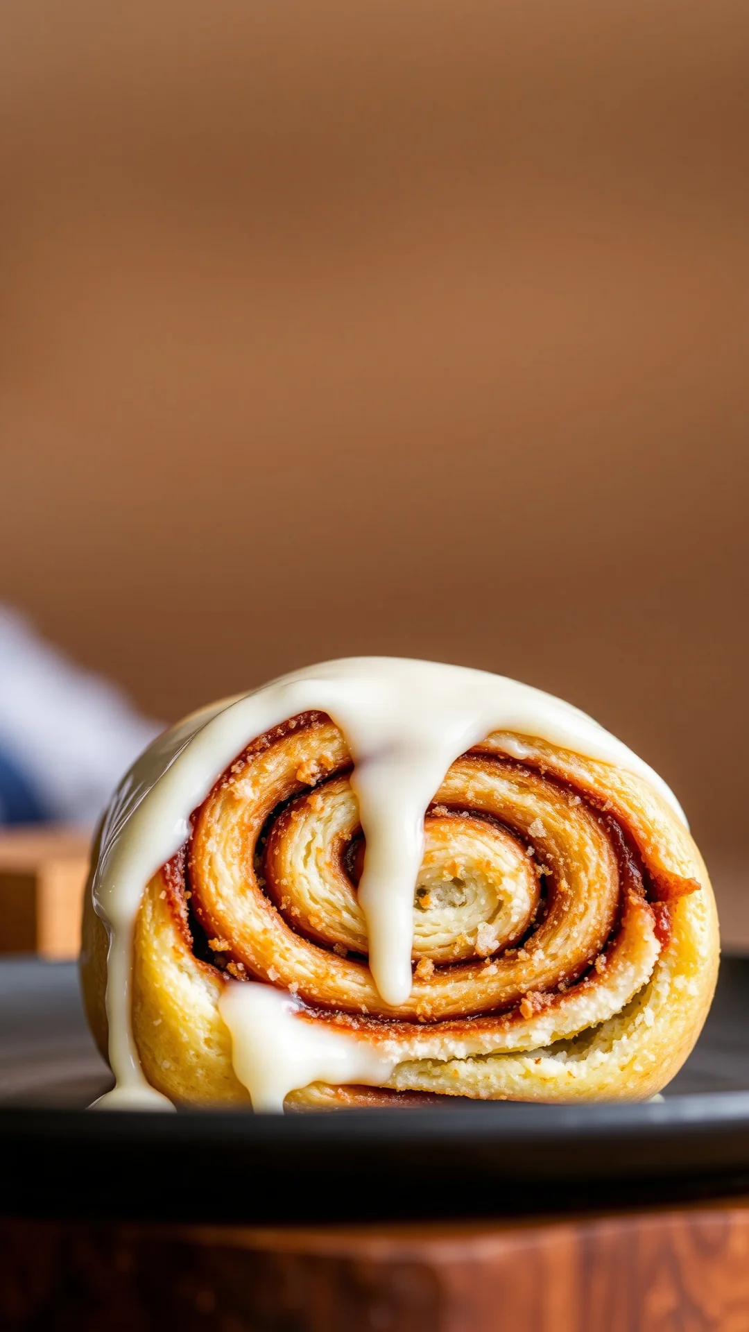Close-up of a single cinnamon roll with creamy frosting dripping, showing spiral layers and cinnamon sugar filling, soft boke