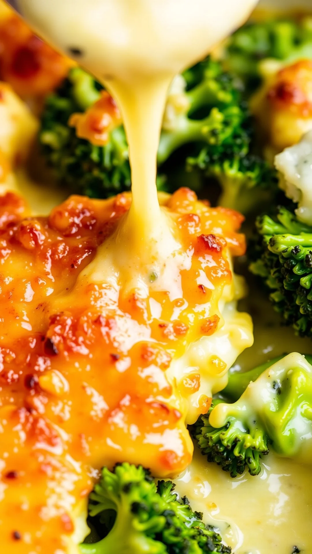 Close-up of cheesy broccoli cauliflower gratin with bubbling sauce, golden crispy top, creamy béchamel, fresh green florets,