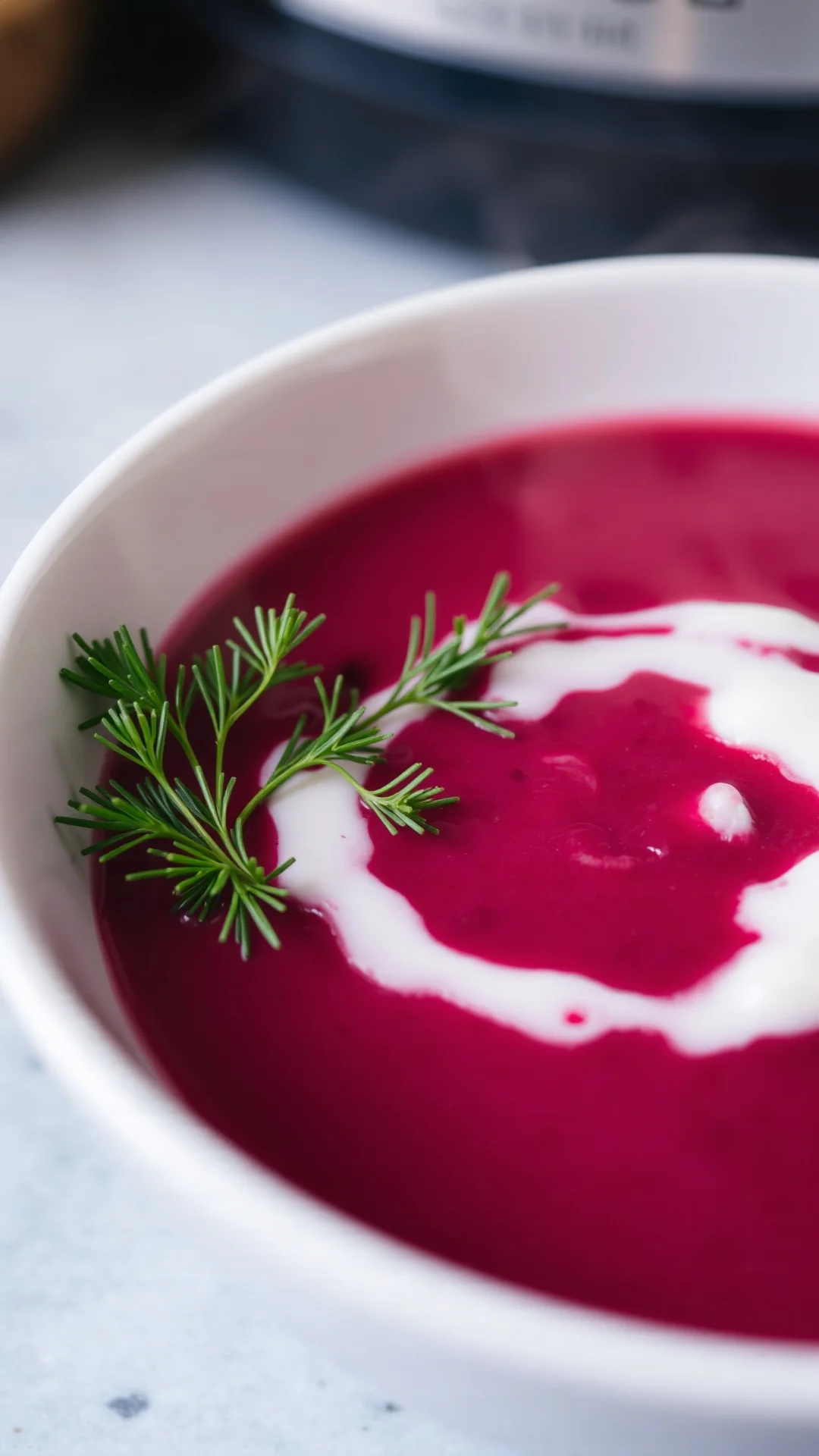 Close-up of creamy beet soup in white bowl, garnished with fresh dill and sour cream swirl, warm steam rising, cozy kitchen b