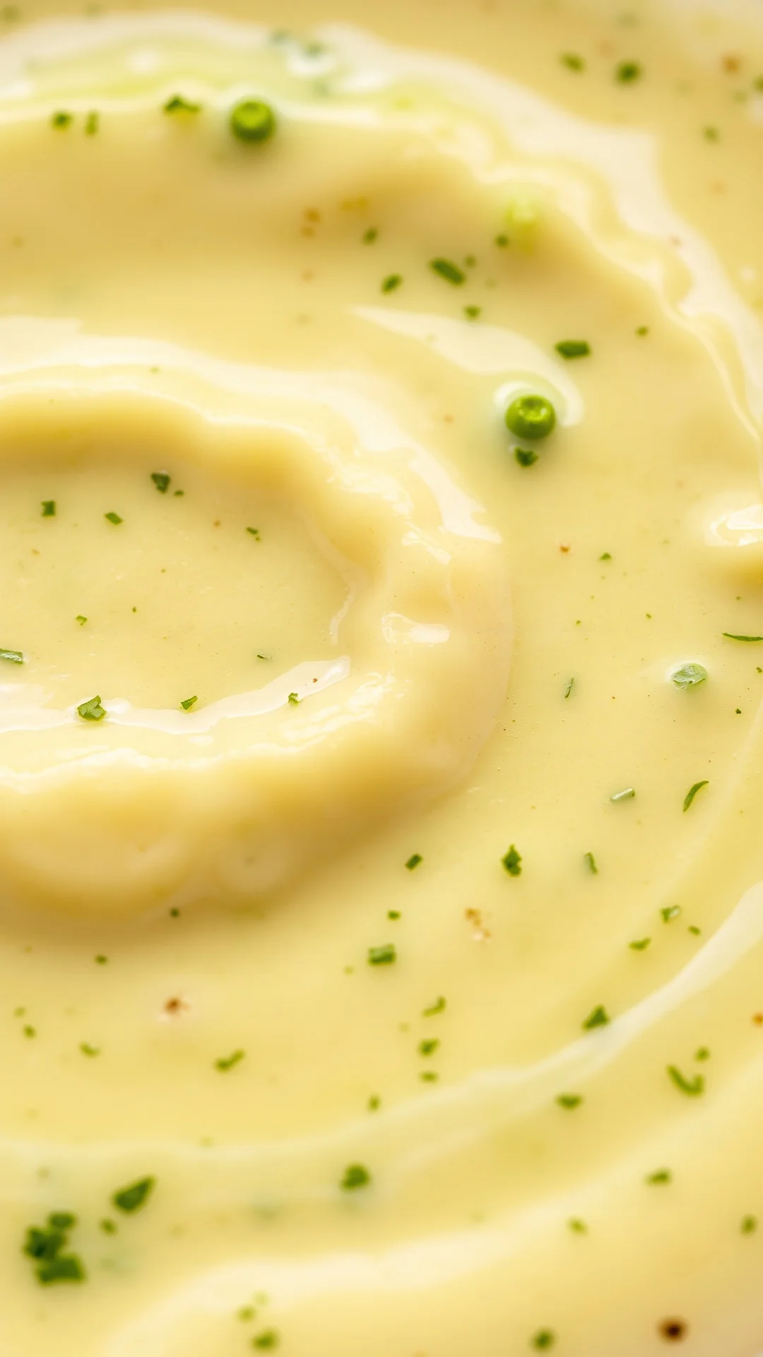 Close-up of creamy broccoli soup texture, swirled with cream, fresh green broccoli florets visible, macro food photography, p