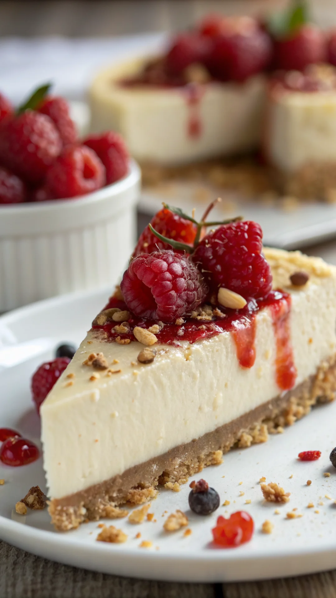 Close-up of creamy cheesecake slice with almond base, topped with red berries, smooth texture detail, dramatic food photograp