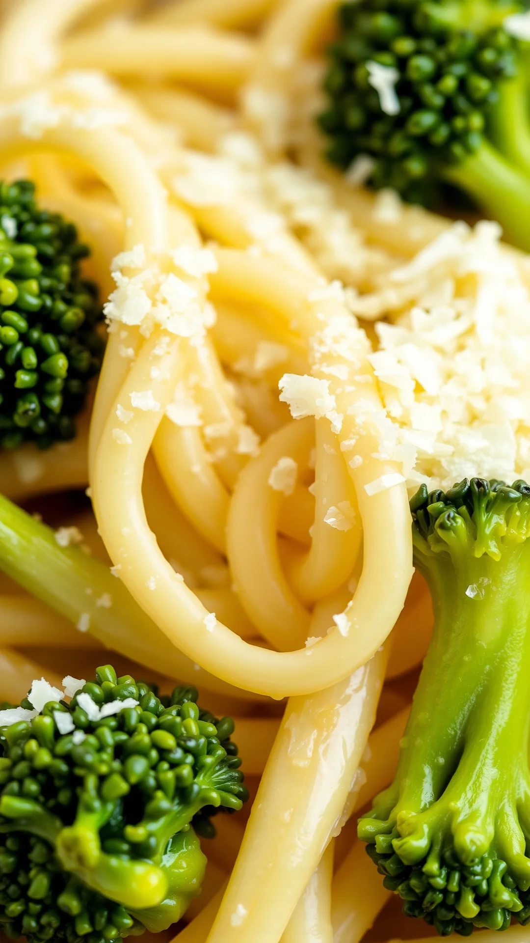 Close-up of creamy pasta with fresh broccoli florets, garlic, olive oil, parmesan cheese, food photography, professional, 9:1