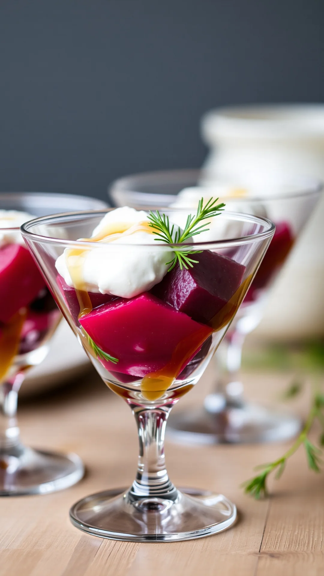 Close-up of elegant glass verrine layered with vibrant red beets, creamy goat cheese, fresh dill, honey drizzle, professional