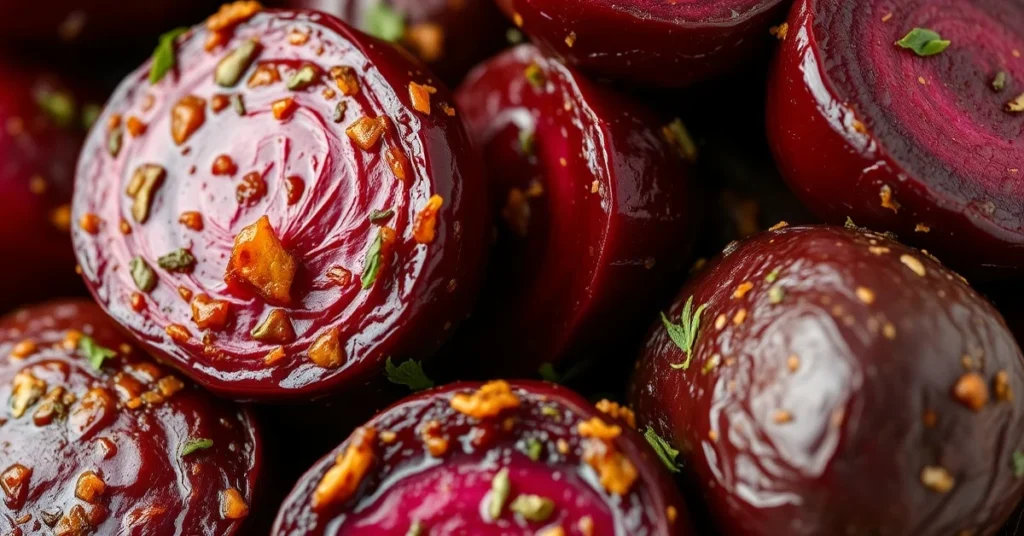 Close-up of fresh roasted beets with olive oil and herbs, golden crispy skin, aromatic presentation, food photography, natura