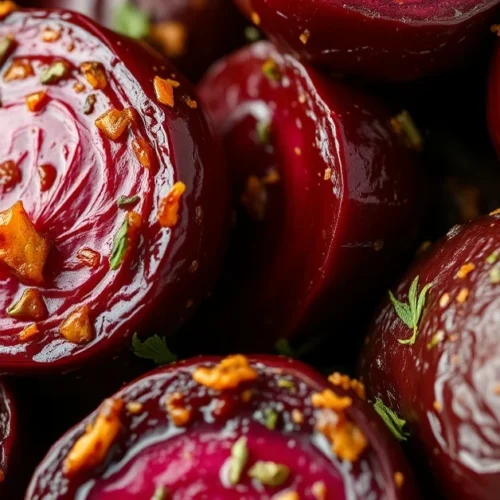 Close-up of fresh roasted beets with olive oil and herbs, golden crispy skin, aromatic presentation, food photography, natura