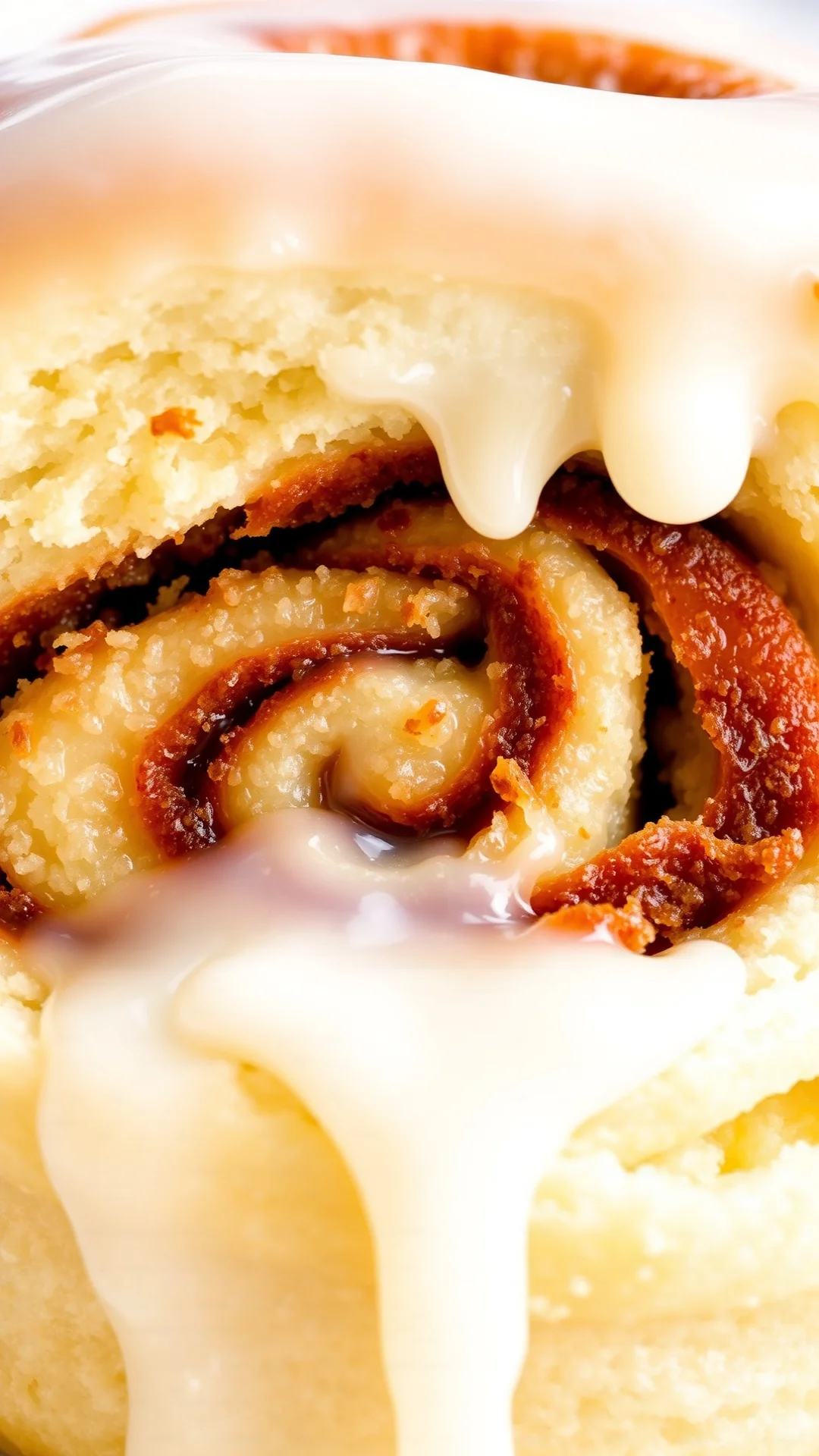 Close-up of freshly baked cinnamon roll cross-section with melted glaze, swirled cinnamon sugar filling, soft fluffy dough, c