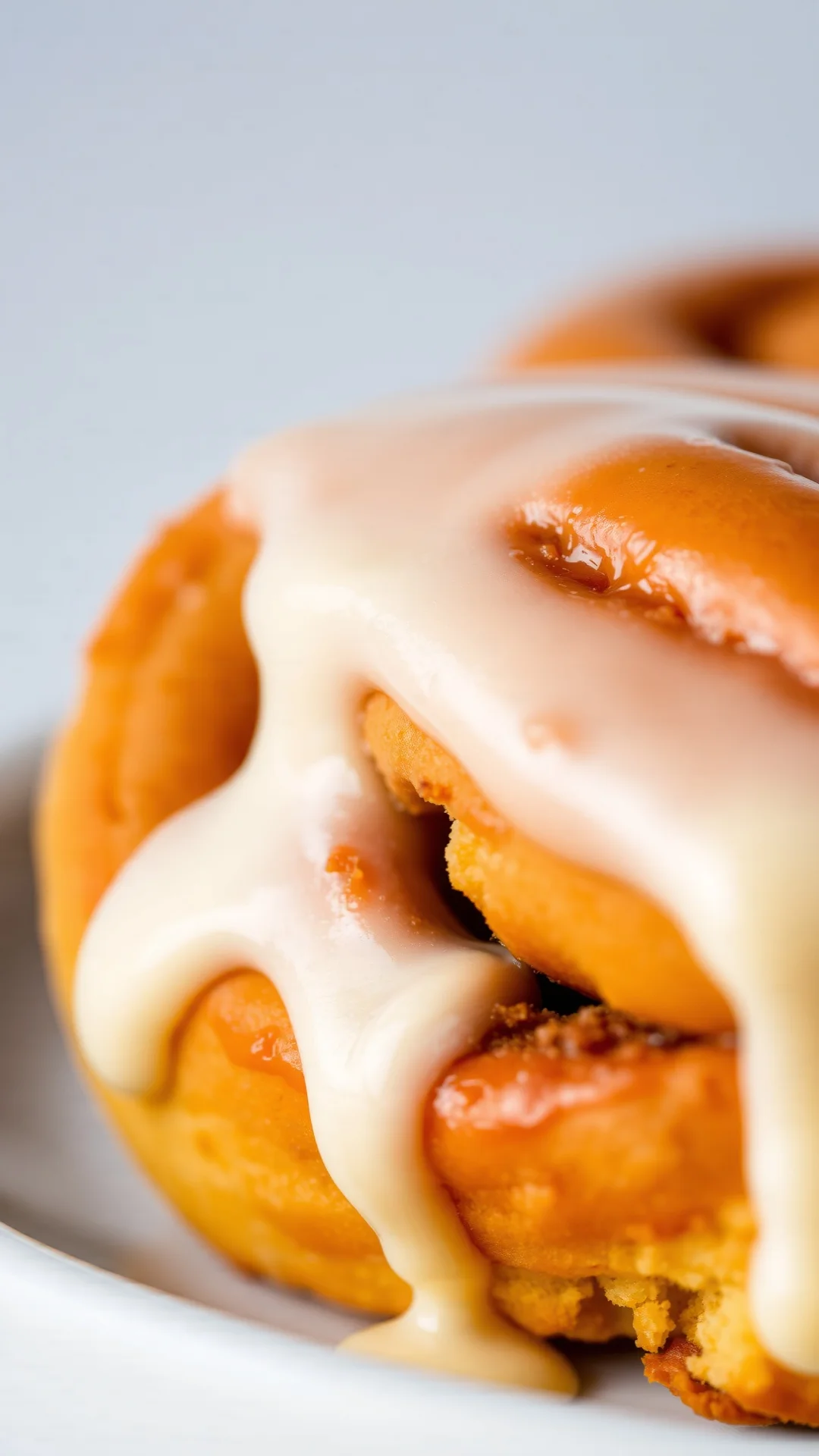 Close-up of freshly glazed cinnamon roll with cream frosting dripping down, warm golden brown color, detailed spiral texture,
