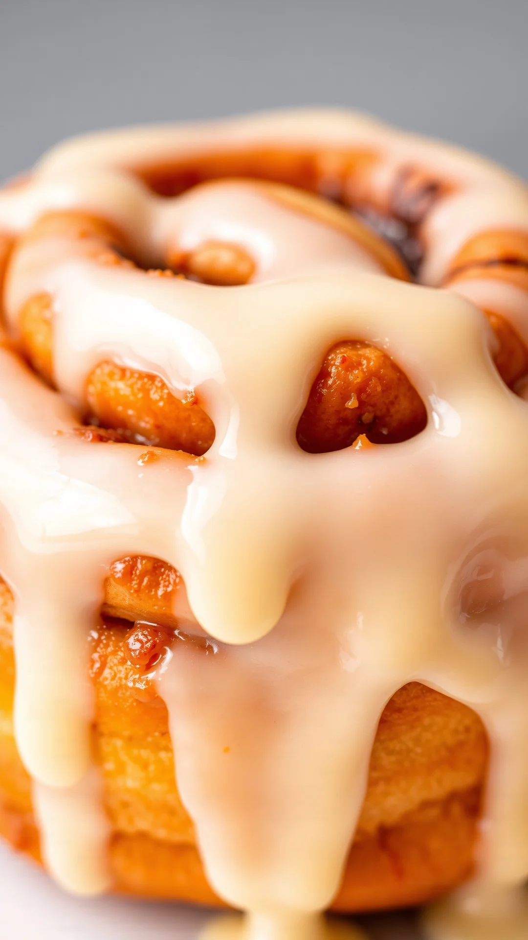 Close-up of glazed cinnamon roll with melting frosting dripping down, macro food photography, warm buttery pastry, creamy ici