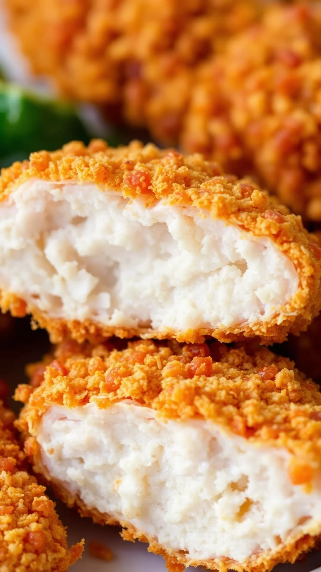 Close-up of golden crispy breaded chicken filet cut in half showing juicy tender meat inside, golden panko coating, macro foo
