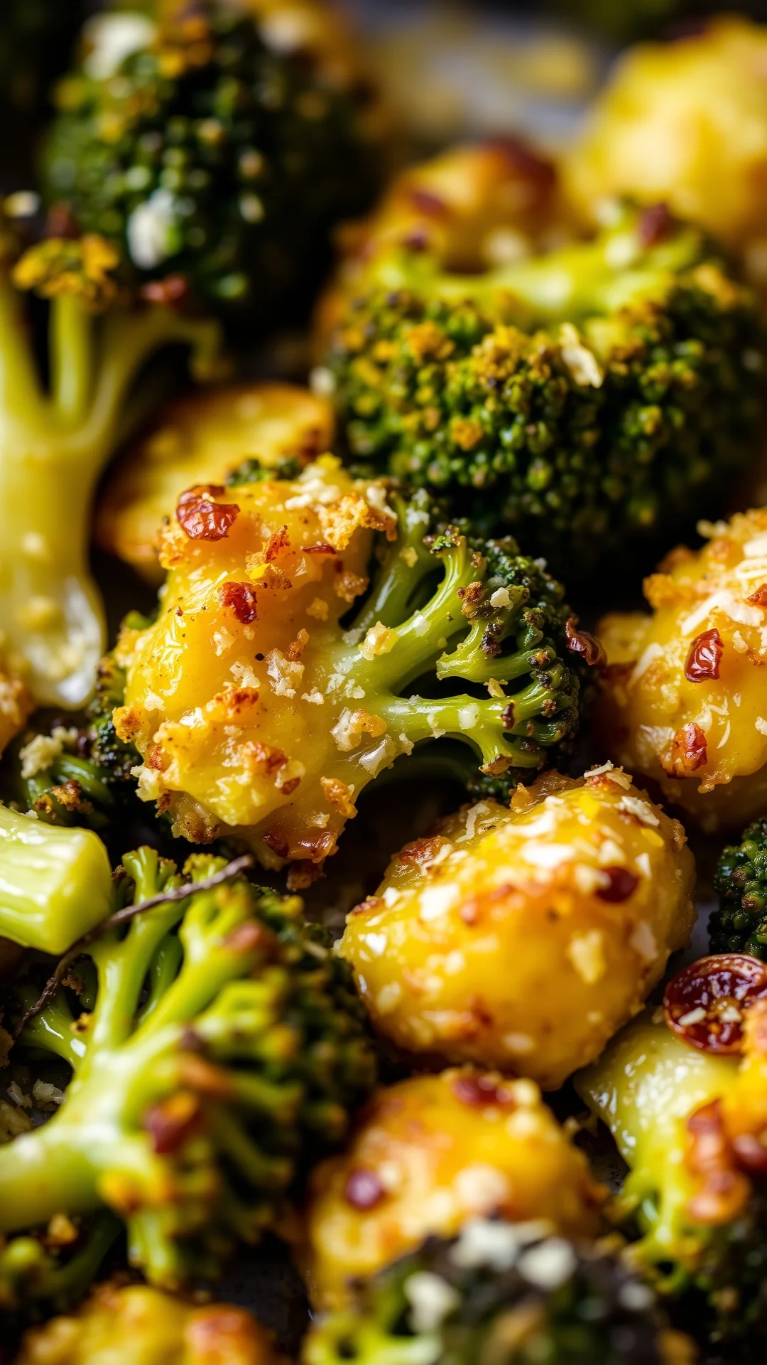 Close-up of golden roasted broccoli florets with melted parmesan cheese and garlic, crispy edges, fresh lemon zest on top, pr