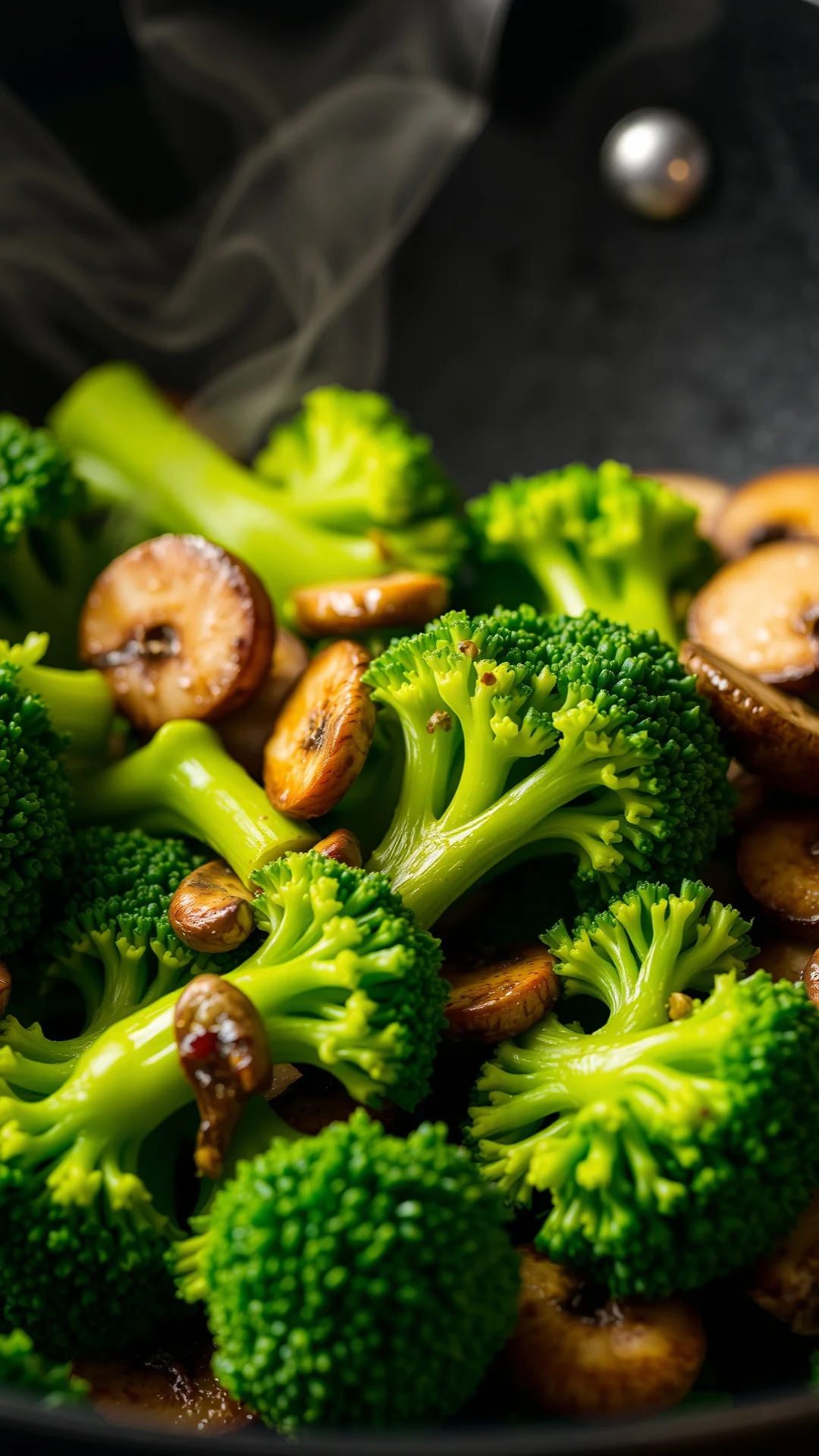 Close-up of vibrant green broccoli florets and sliced mushrooms in a sizzling hot pan, steam rising, food photography.