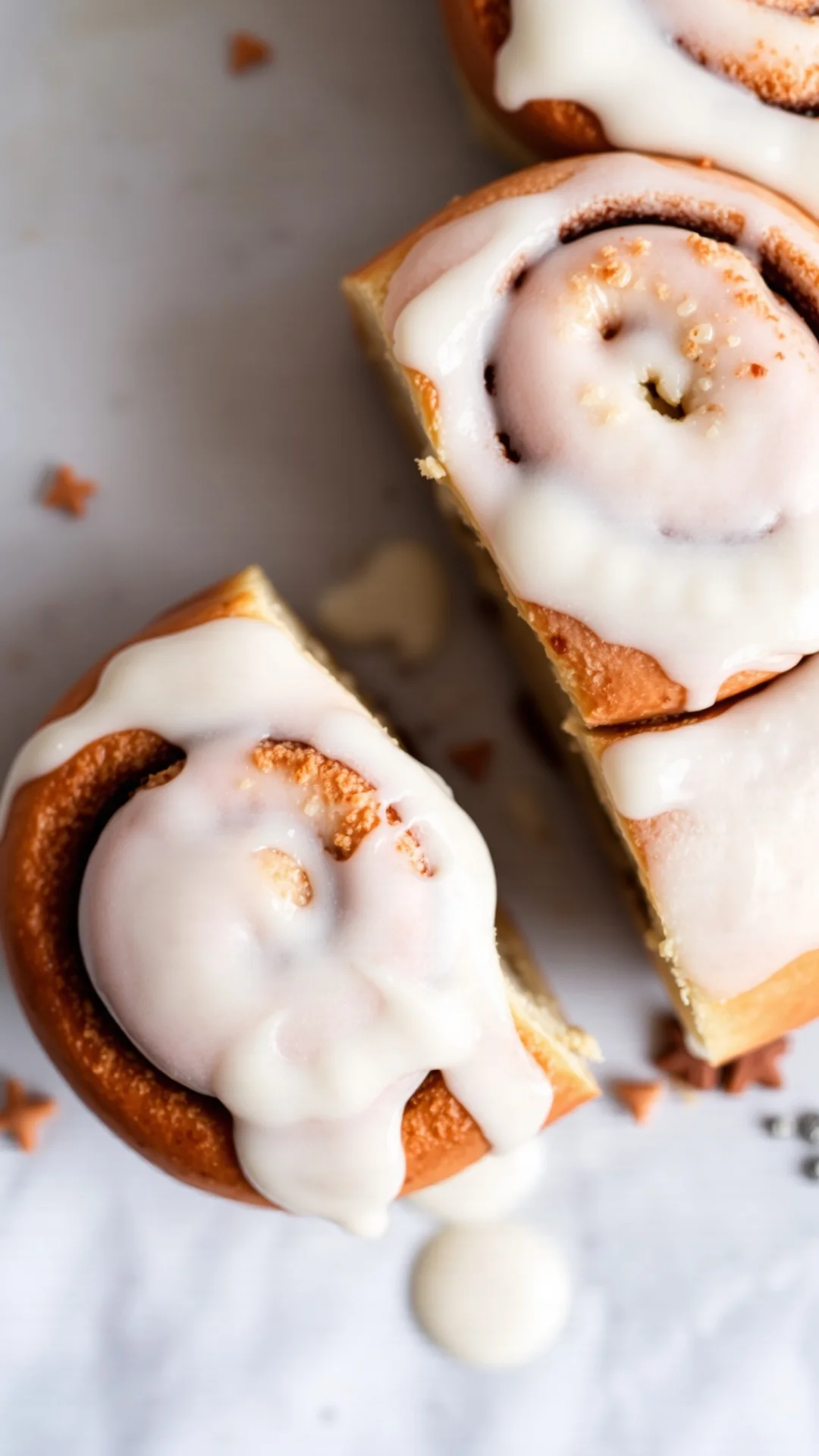Close-up overhead shot of single vegan cinnamon roll sliced in half, white frosting dripping, warm fresh baked pastry, soft f