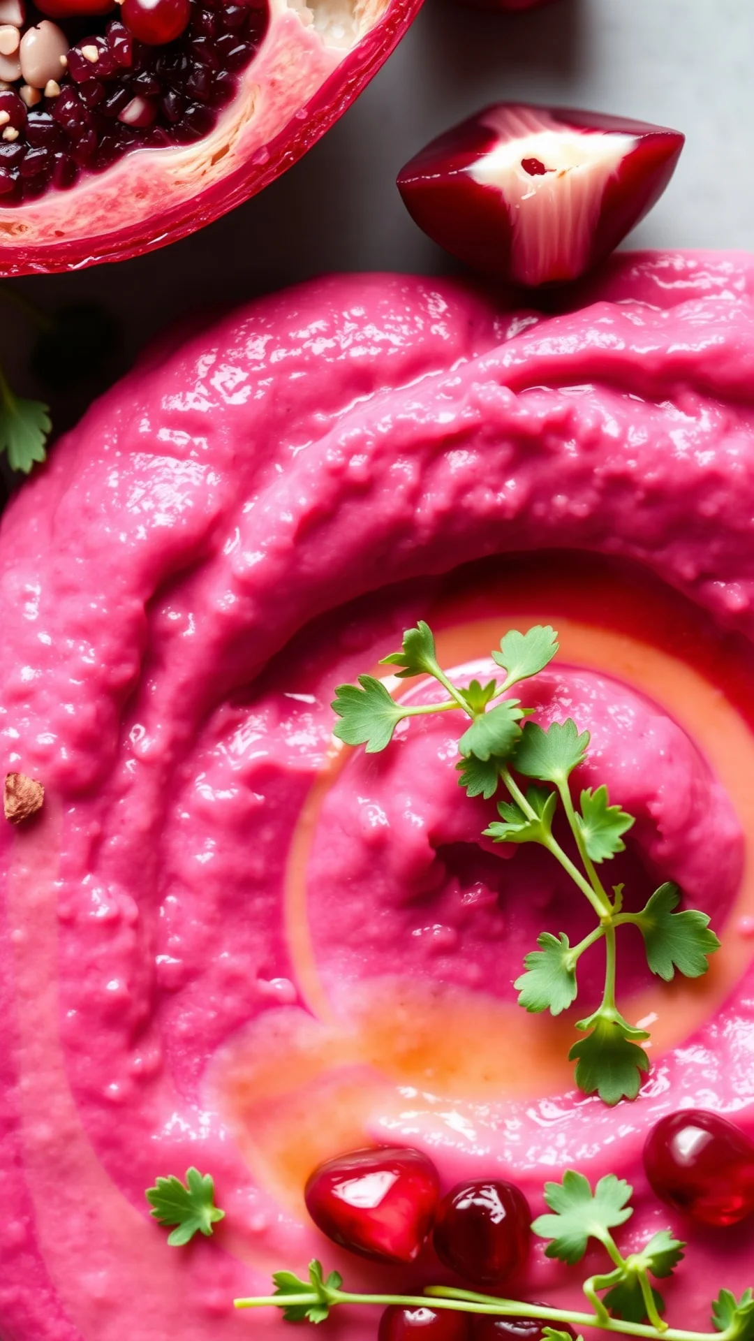 Close-up overhead shot of vibrant pink beet hummus texture with tahini swirl, pomegranate seeds, microgreens garnish, creamy