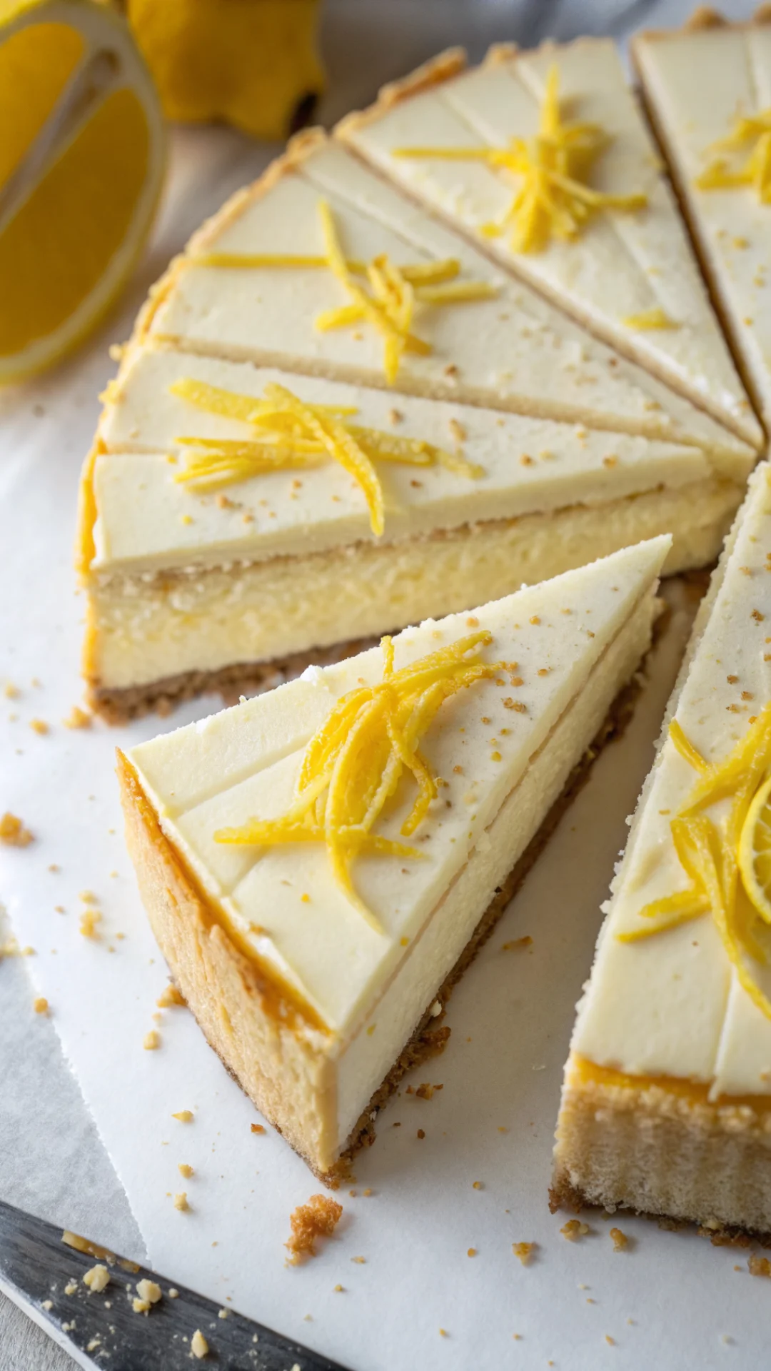 Close-up overhead view creamy lemon cheesecake slice showing layers, fresh lemon zest garnish, creamy texture details, profes