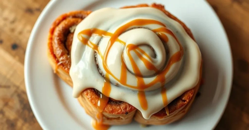 Close-up overhead view of freshly baked cinnamon rolls with cream cheese frosting and caramel drizzle on white plate, warm li