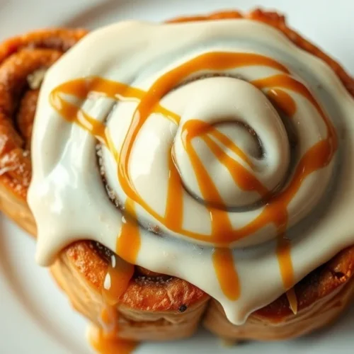 Close-up overhead view of freshly baked cinnamon rolls with cream cheese frosting and caramel drizzle on white plate, warm li