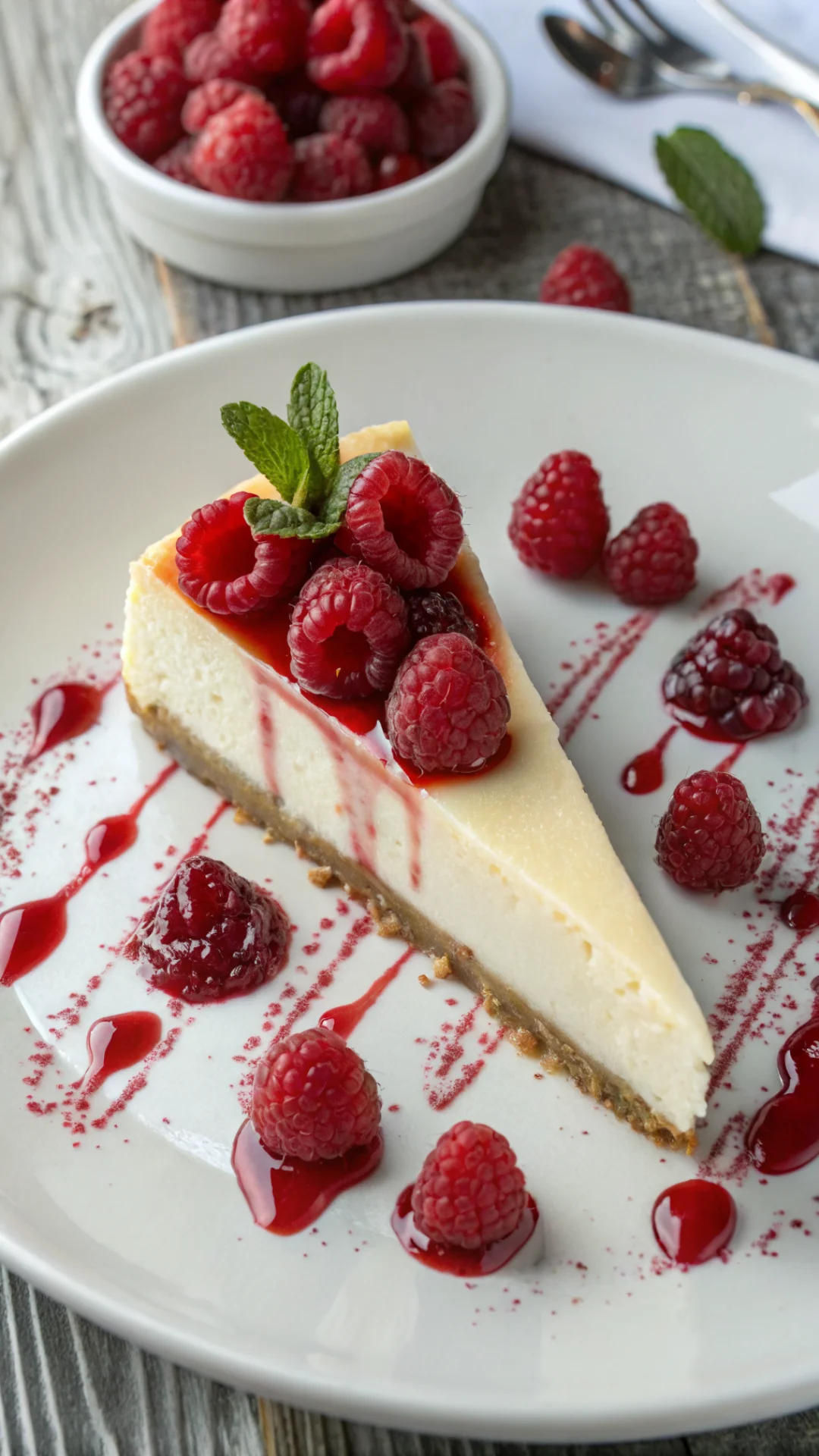 Close-up overhead view of luxurious cheesecake slice with smooth creamy texture, red berry coulis, fresh raspberries, gourmet