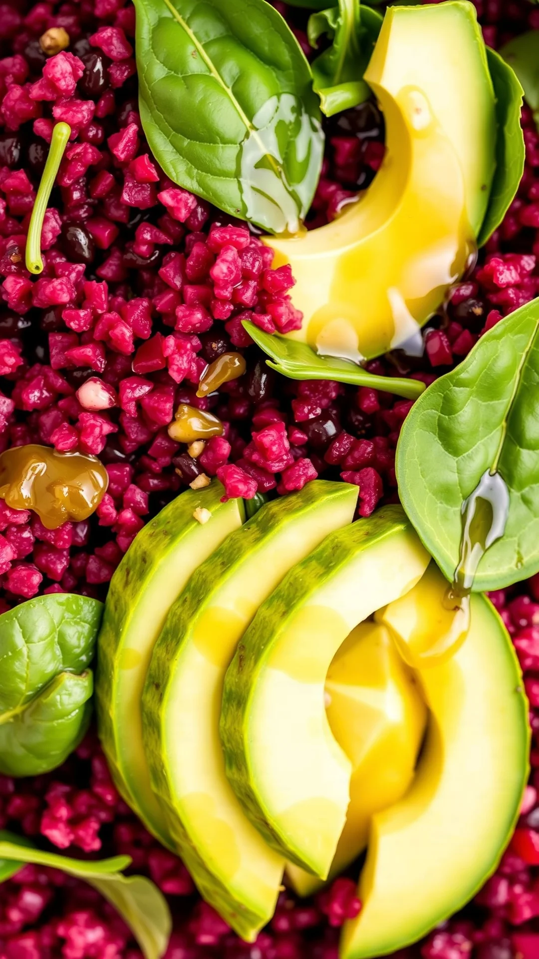 Close-up overhead view of vibrant magenta beet quinoa salad with sliced avocado, fresh spinach leaves, olive oil drizzle, hea