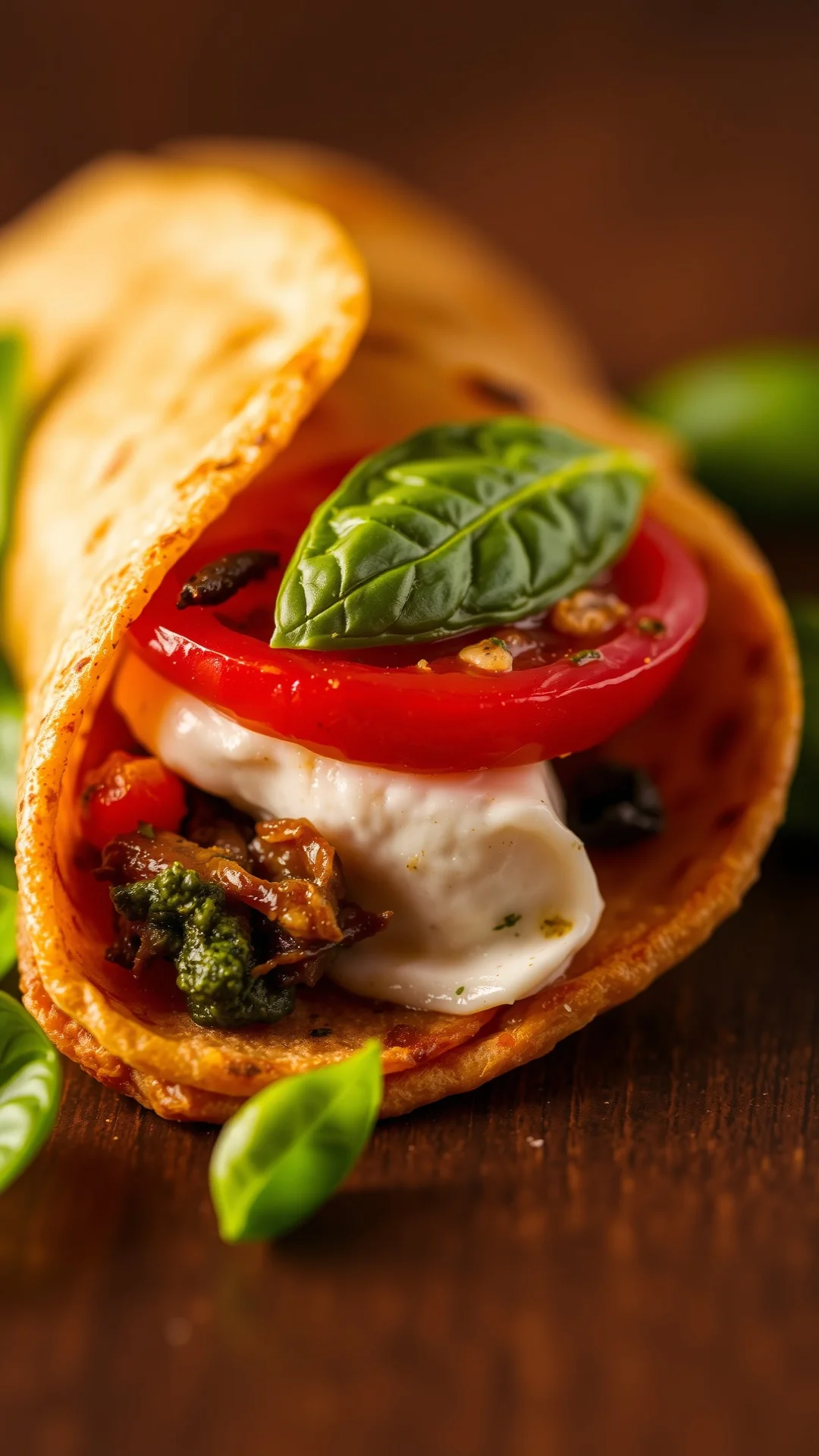 Close-up portrait 9:16 of a caprese wrap with fresh mozzarella, sun-dried tomatoes, basil leaves and pesto on a tomato tortil