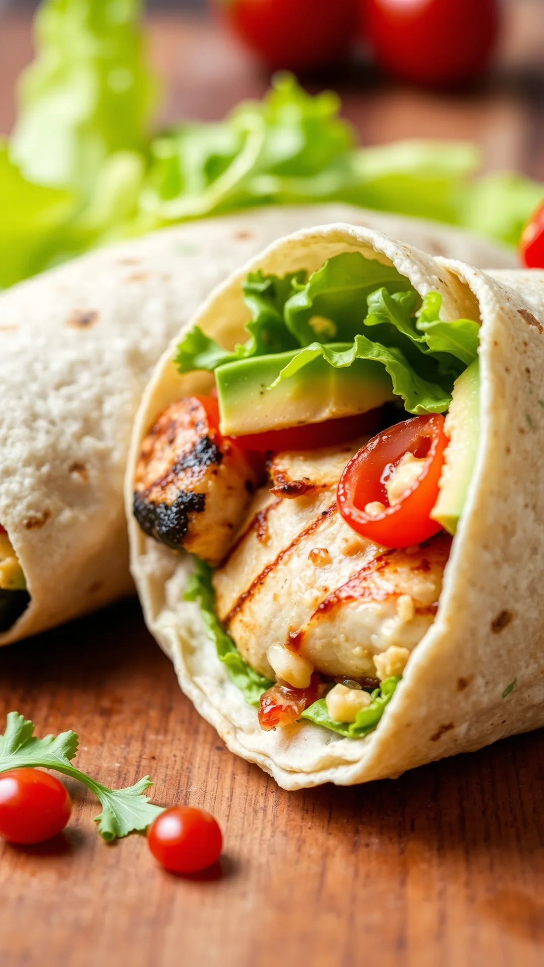Close-up portrait 9:16 of a grilled chicken wrap with avocado, cherry tomatoes and romaine lettuce, fresh summer colors, soft