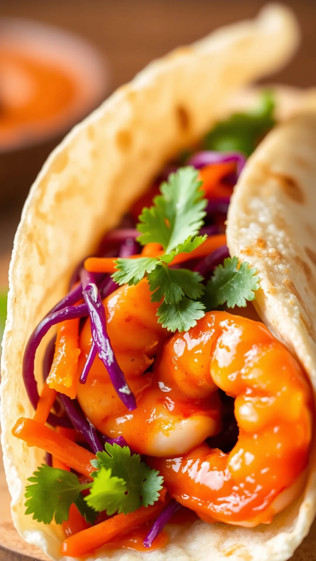 Close-up portrait 9:16 of a shrimp and mango wrap with sweet chili sauce, shredded purple cabbage, carrots and fresh cilantro