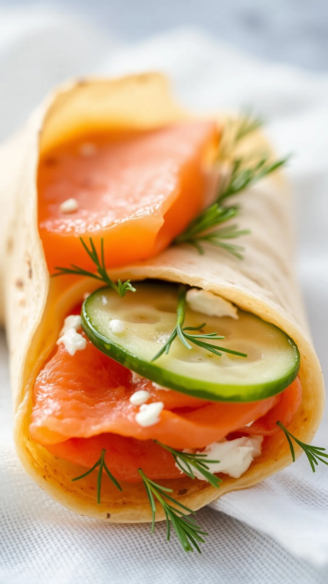 Close-up portrait 9:16 of a smoked salmon wrap with cream cheese, thin cucumber slices and fresh dill, elegant and fresh pres