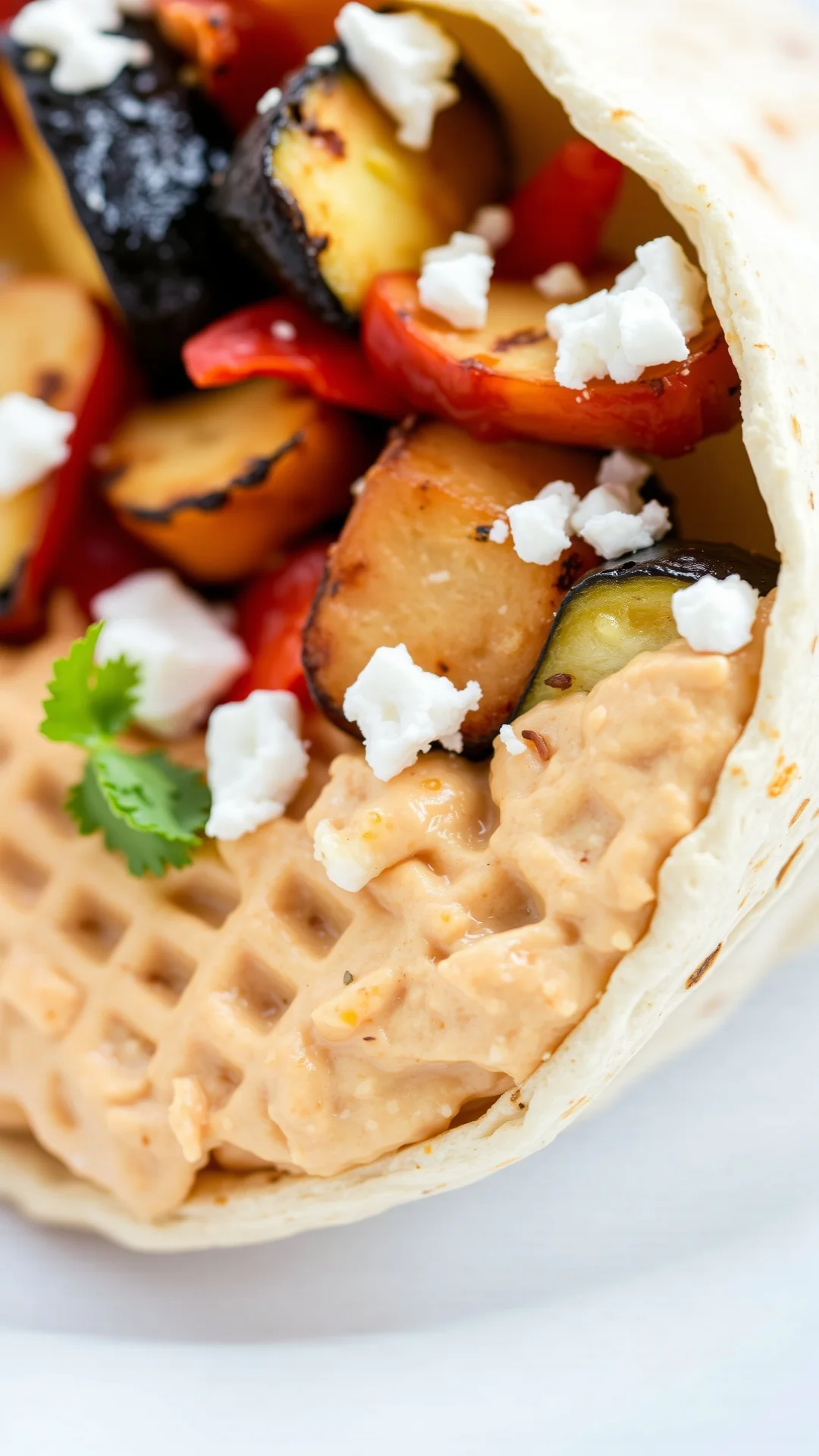 Close-up portrait 9:16 of a vegetarian wrap with grilled zucchini, red pepper, eggplant, hummus and crumbled feta, vibrant Me