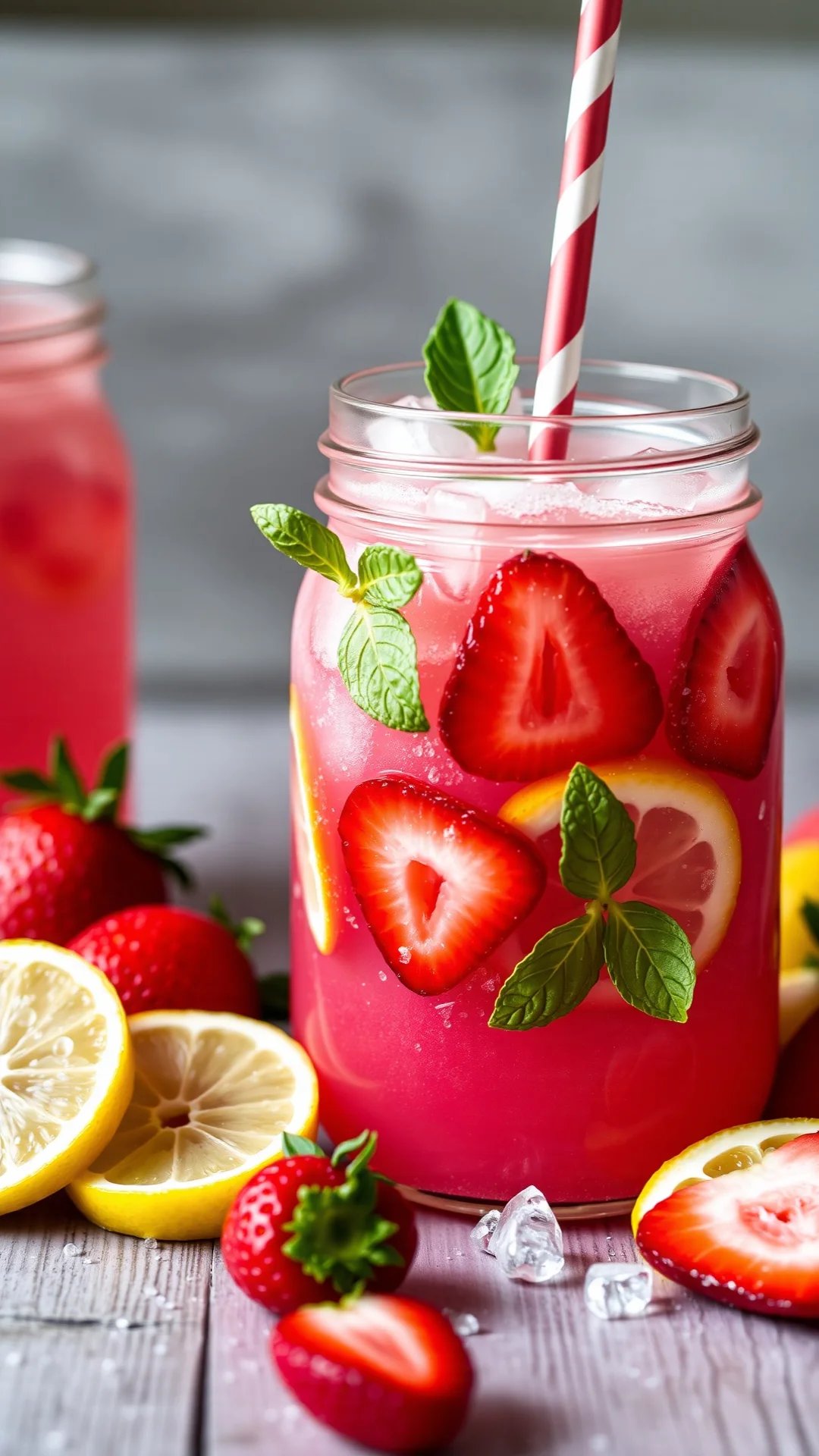 Close-up portrait of a beautiful pink strawberry basil lemonade with sparkling bubbles in a mason jar, fresh strawberries and