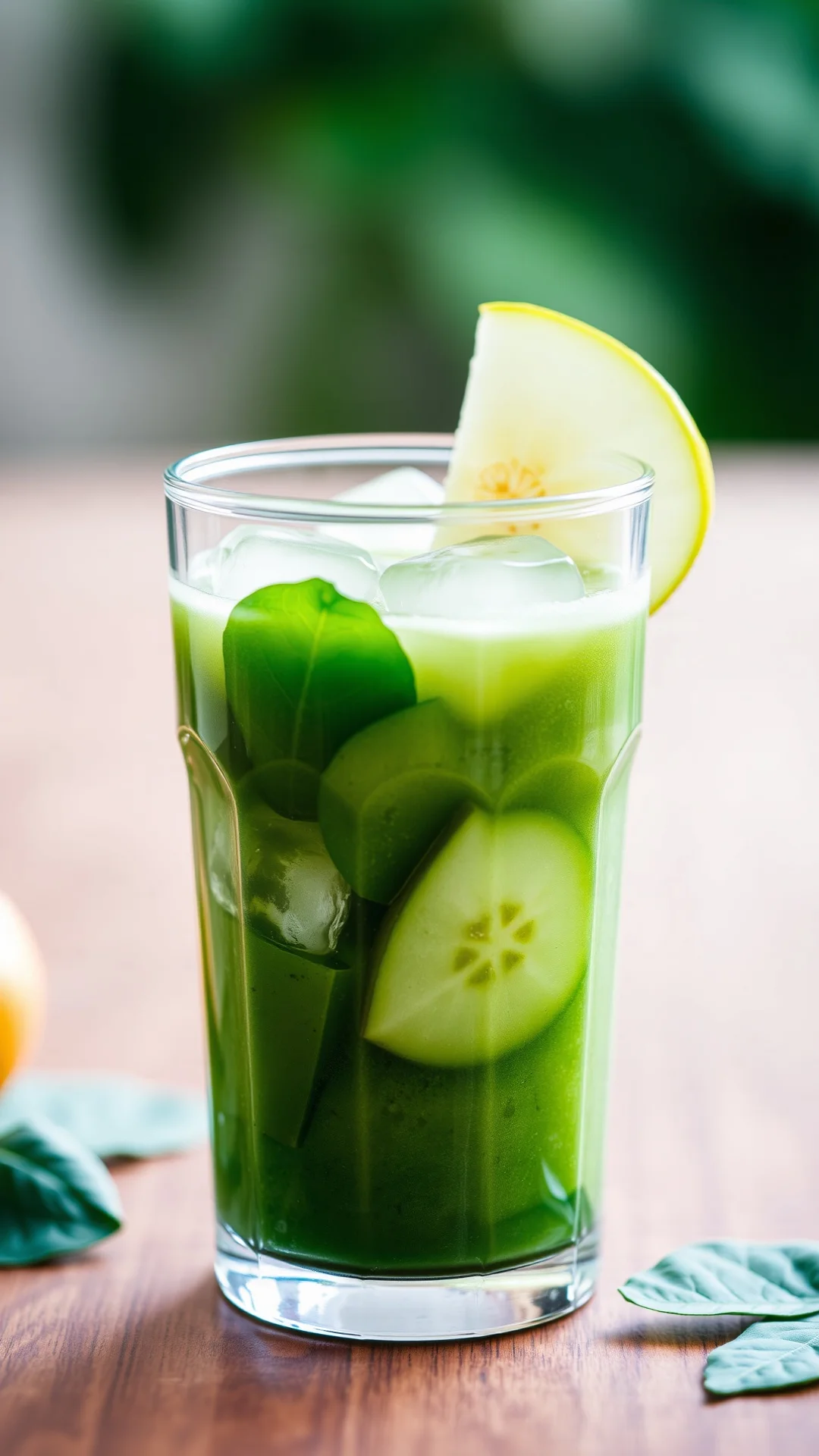 Close-up portrait of a bright green smoothie with spinach cucumber and green apple in a clear glass with ice cubes, fresh and