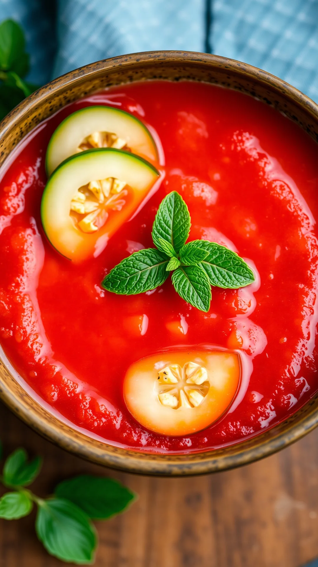 Close-up portrait of a chilled red gazpacho soup in a rustic bowl, garnished with fresh mint leaves and cucumber, summer vibe