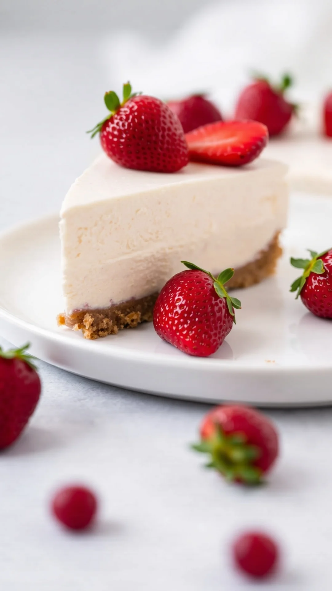 Close-up portrait of a classic no-bake strawberry cheesecake slice on a white plate, fresh red strawberries on top, creamy te