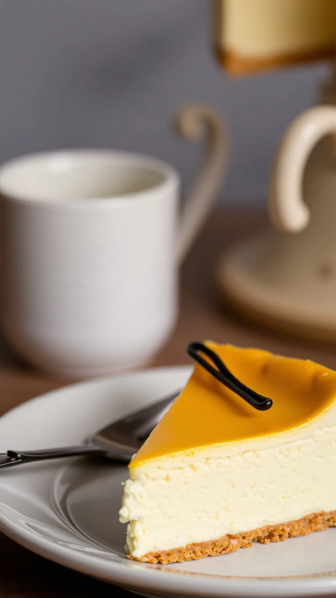 Close-up portrait of a classic vanilla cheesecake slice on a white plate, golden biscuit crust, creamy filling, vanilla bean
