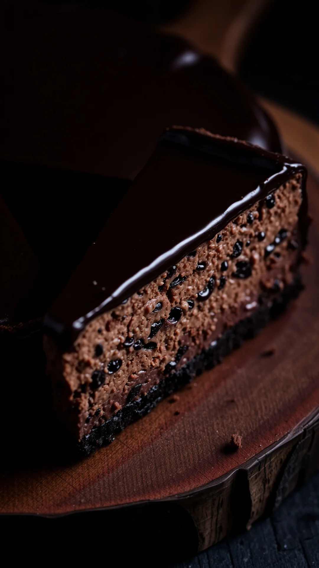 Close-up portrait of a dark chocolate and Espelette pepper baked cheesecake slice, rich glossy surface, Oreo crust, rustic wo