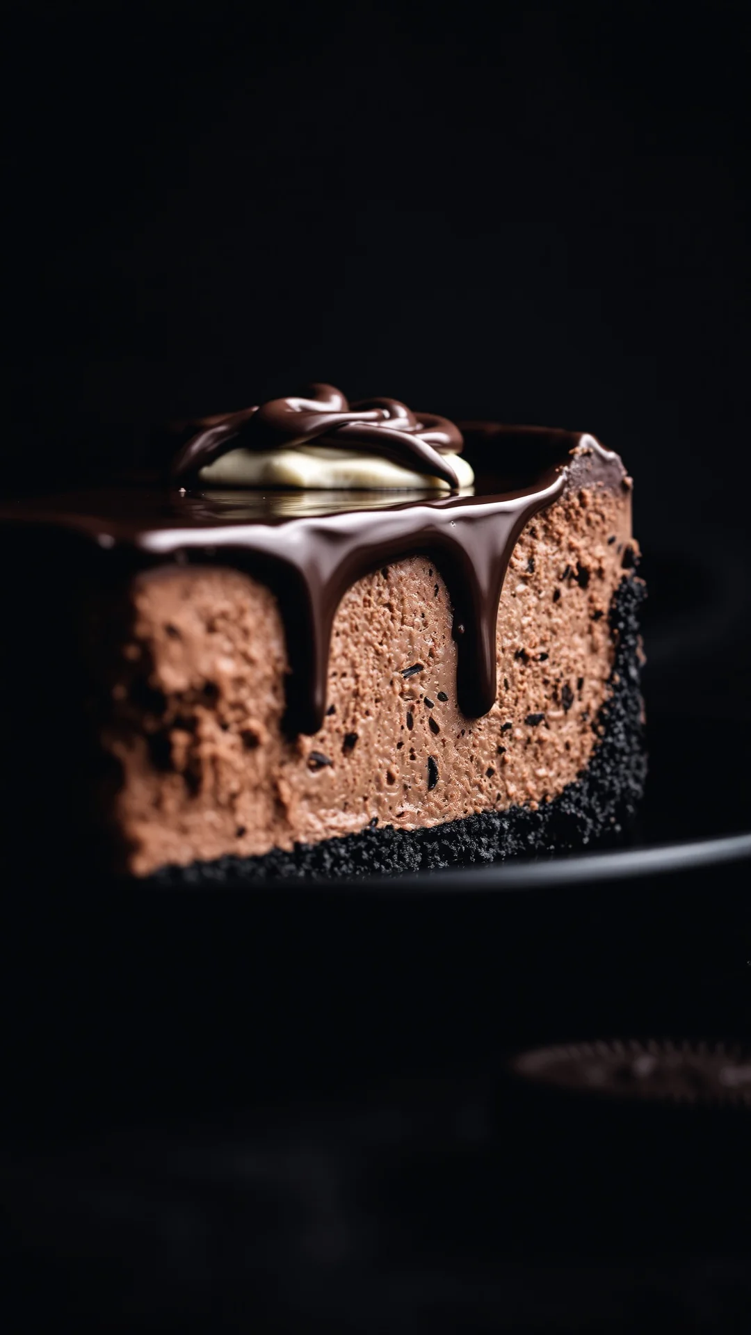 Close-up portrait of a dark chocolate cheesecake slice with Oreo crust, rich chocolate ganache glaze, glossy finish, dark moo