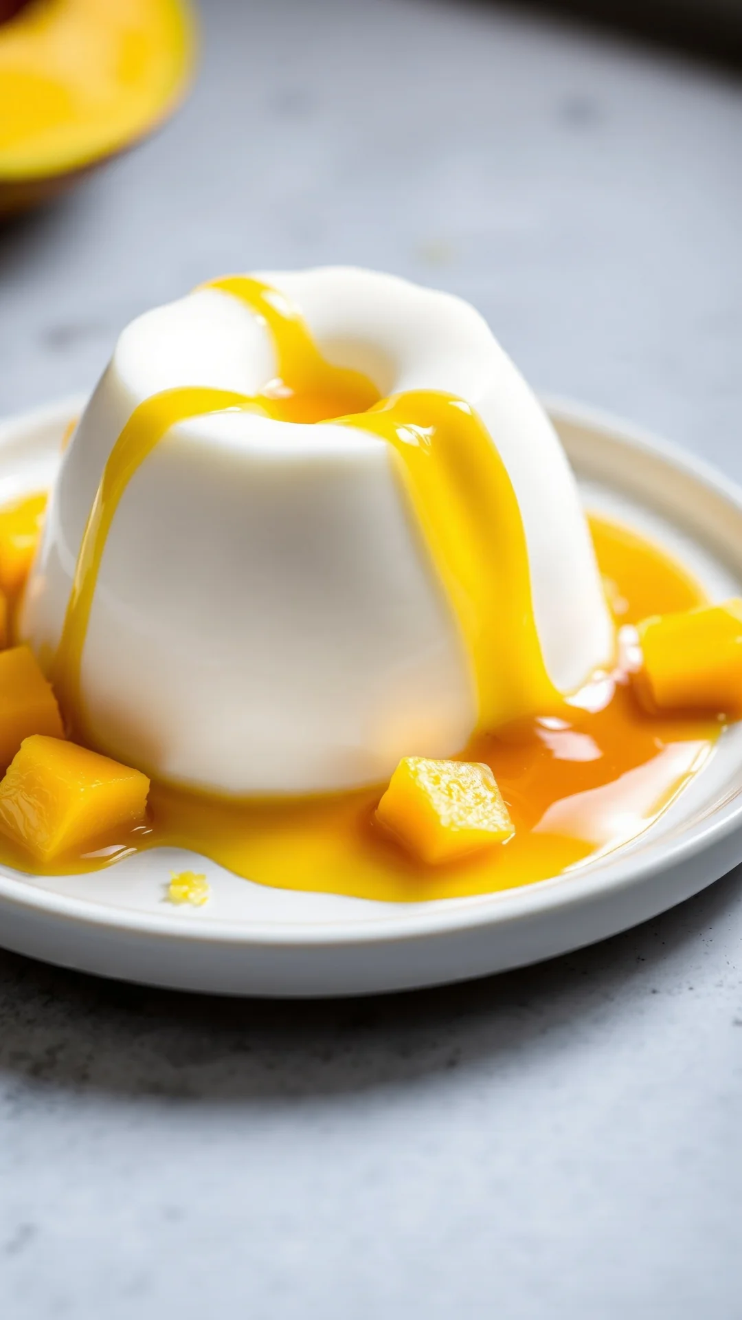 Close-up portrait of a delicate coconut milk panna cotta unmolded on a white plate, drizzled with golden mango coulis, fresh