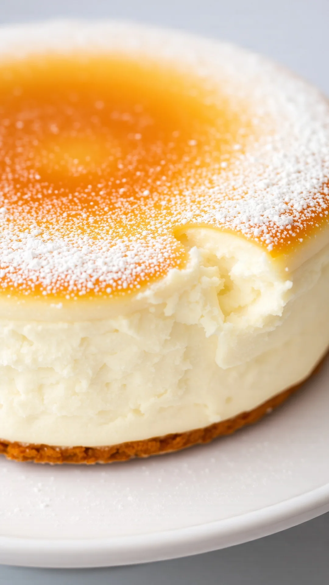 Close-up portrait of a fluffy Japanese cotton cheesecake, soft jiggly texture, golden top, dusted with powdered sugar, white