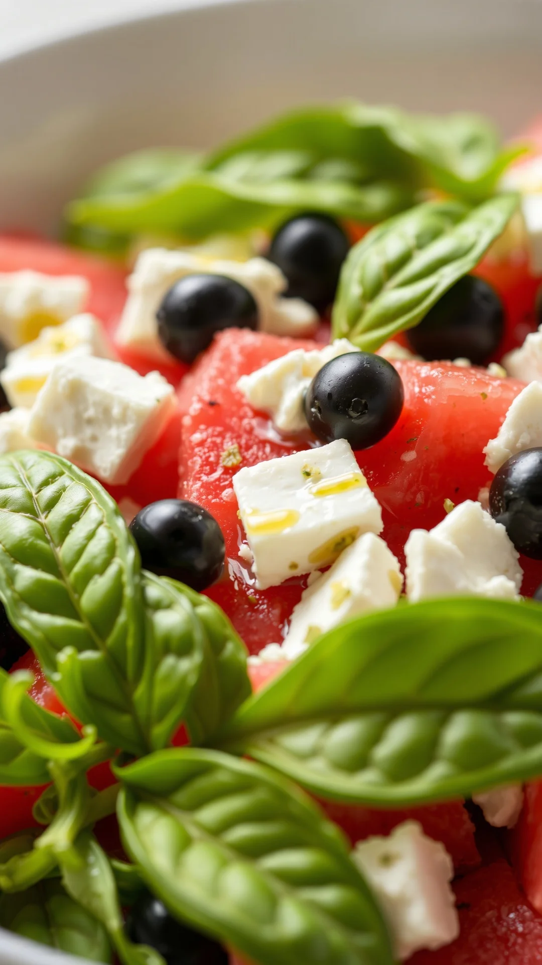Close-up portrait of a fresh watermelon and feta salad with black olives and basil leaves, drizzled with olive oil, bright su
