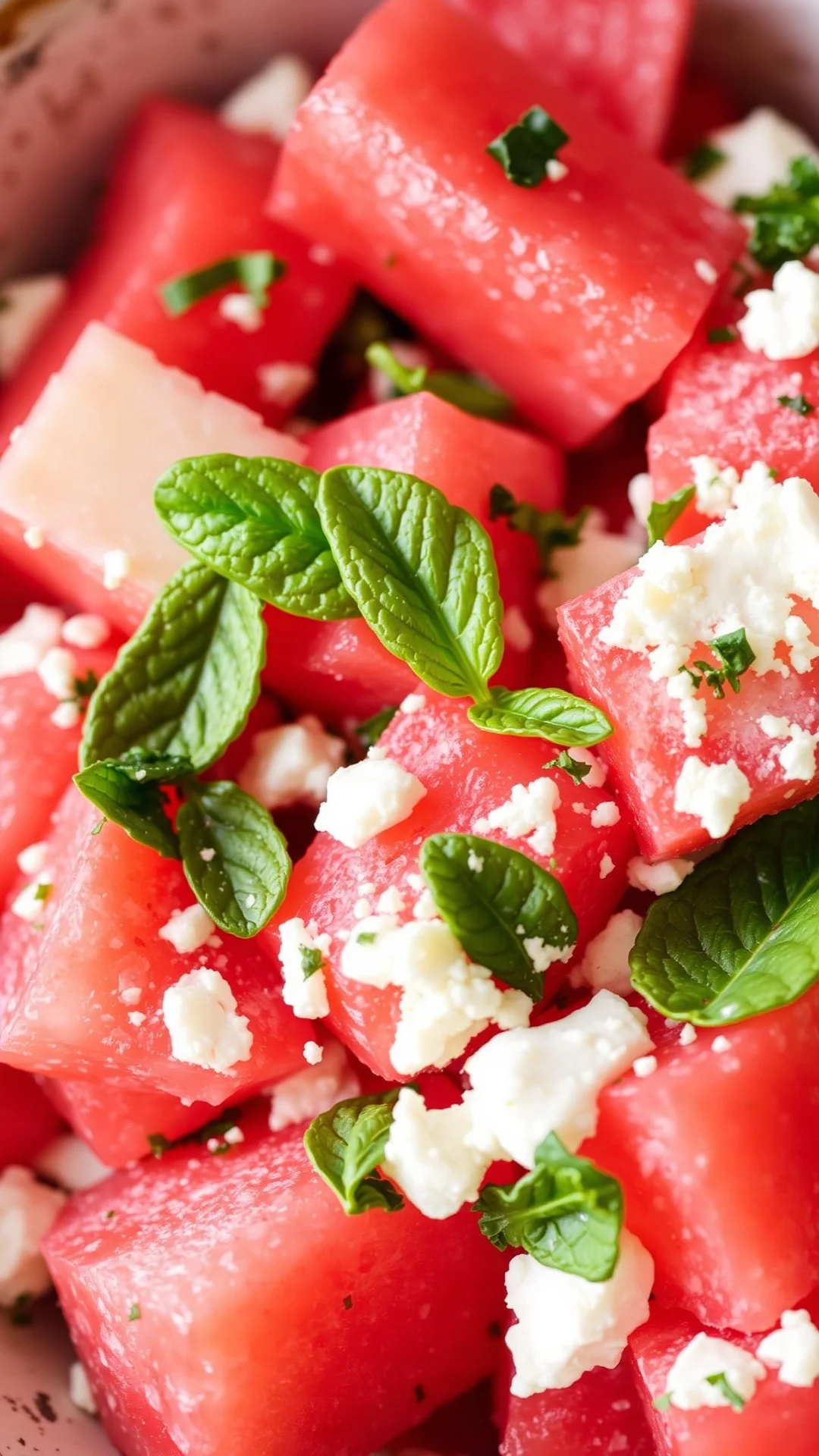 Close-up portrait of a fresh watermelon feta and mint salad in a rustic bowl, colorful pink and white contrast, summer vibes,