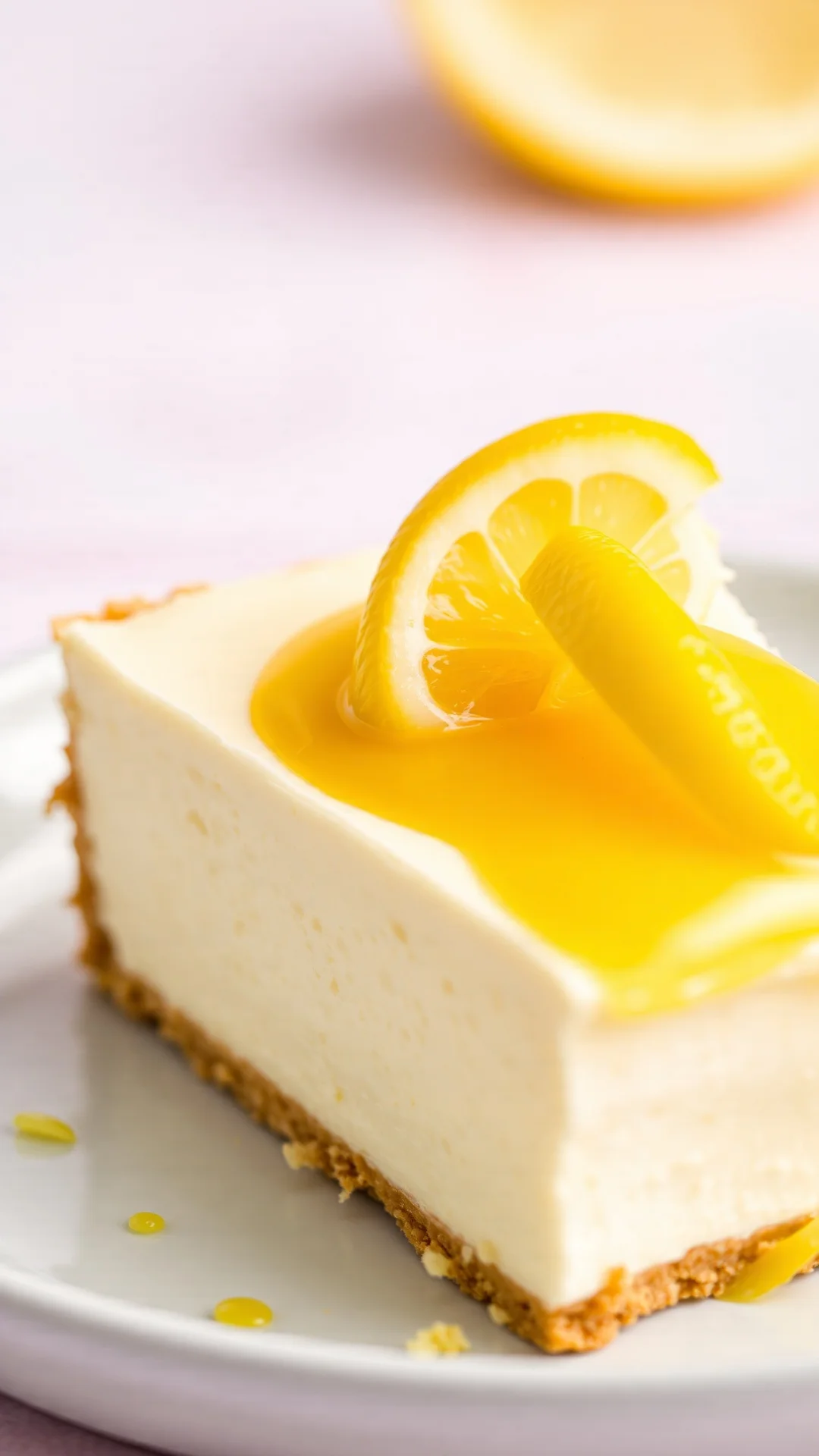Close-up portrait of a lemon cheesecake slice with zesty yellow curd topping, lemon slices and zest garnish, light pastel bac