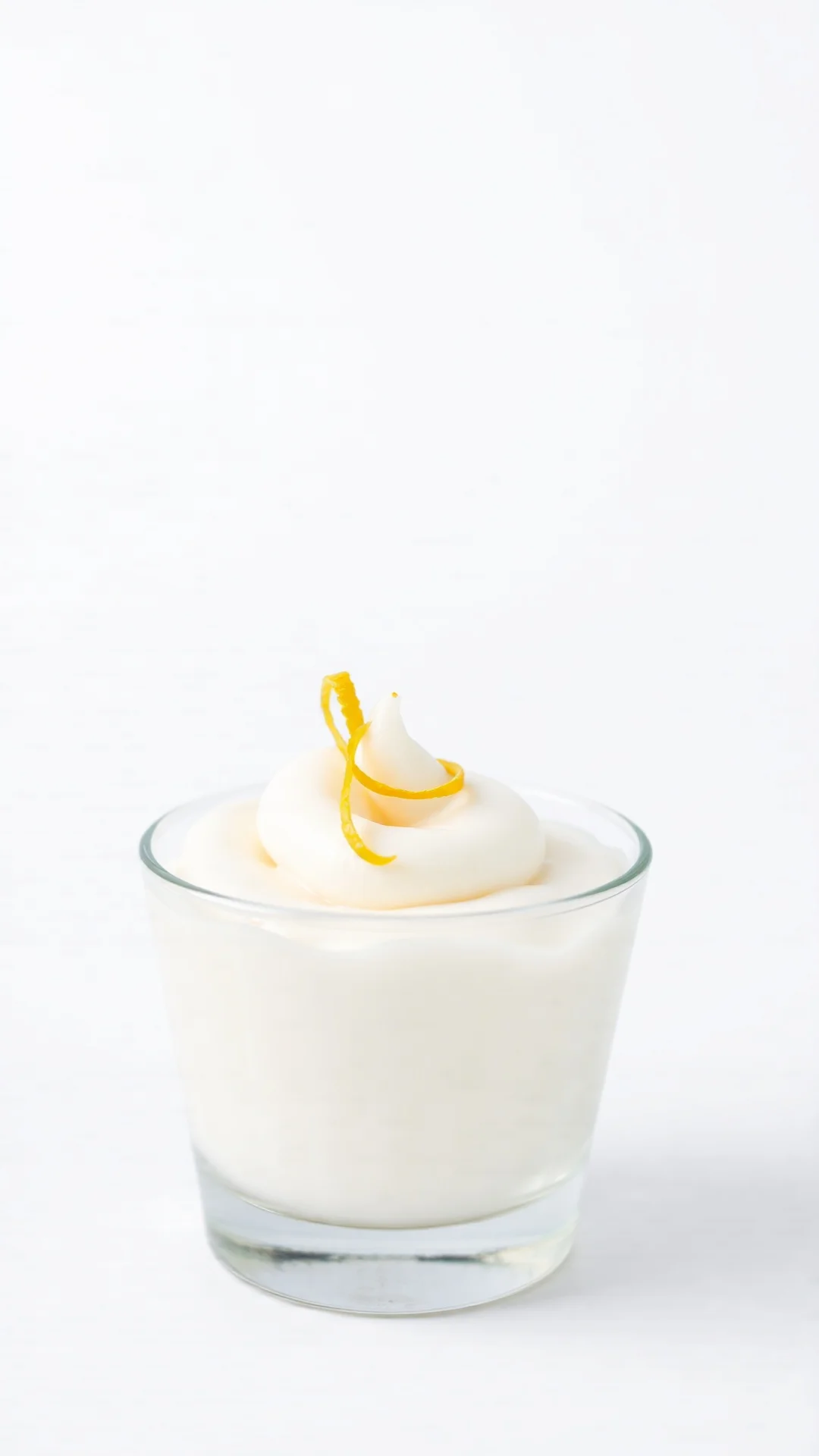 Close-up portrait of a light fluffy lemon mousse in a small glass cup, topped with curled lemon zest, airy whipped texture, s