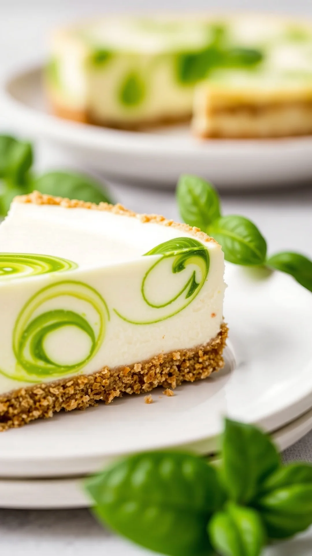 Close-up portrait of a lime and fresh basil no-bake cheesecake slice, vibrant green swirls, speculoos crust, white plate, nat